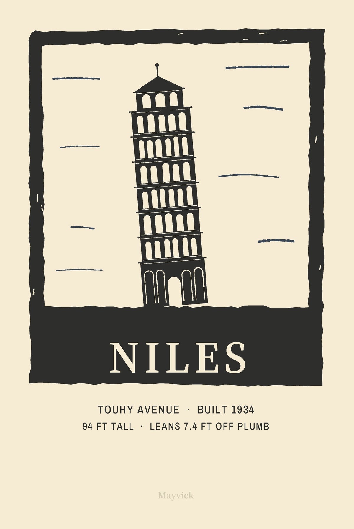 Niles Tee, front close-up, Lemont Stone (Ivory): the leaning tower in a linocut frame, NILES set in the frame.