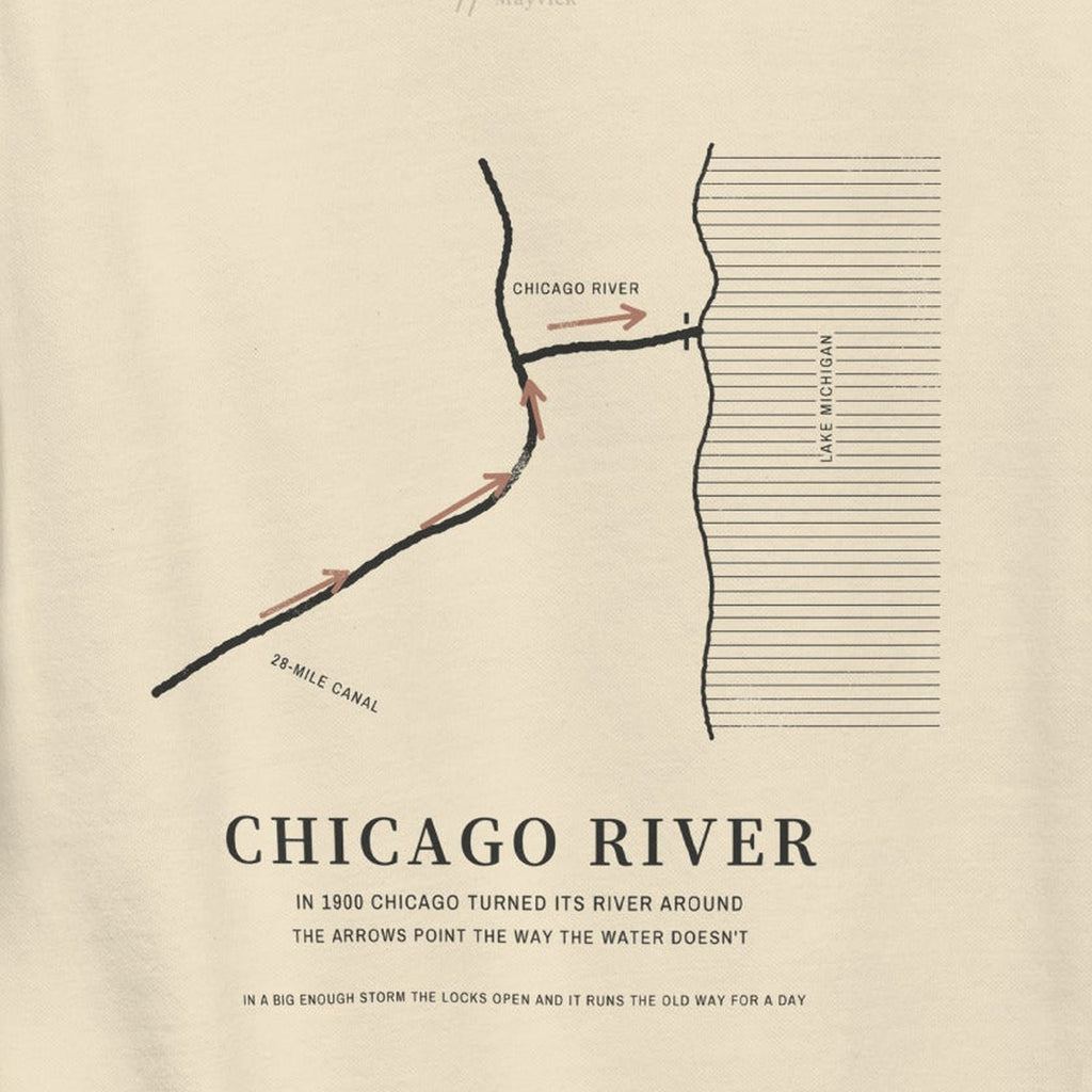 The Reversal Crewneck, back close-up, Lemont Stone (Bone): the Chicago River plan, arrows toward the lake.