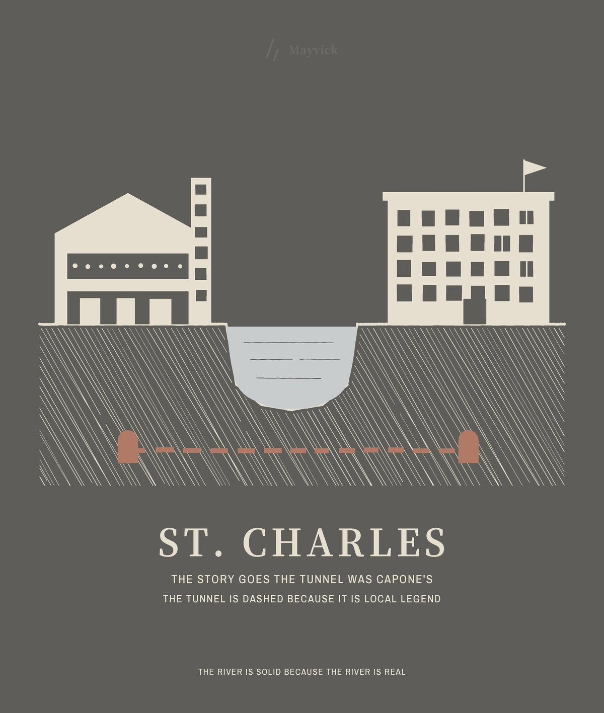 St. Charles Tee, back close-up, Pepper: the dashed tunnel and the local legend line under ST. CHARLES.