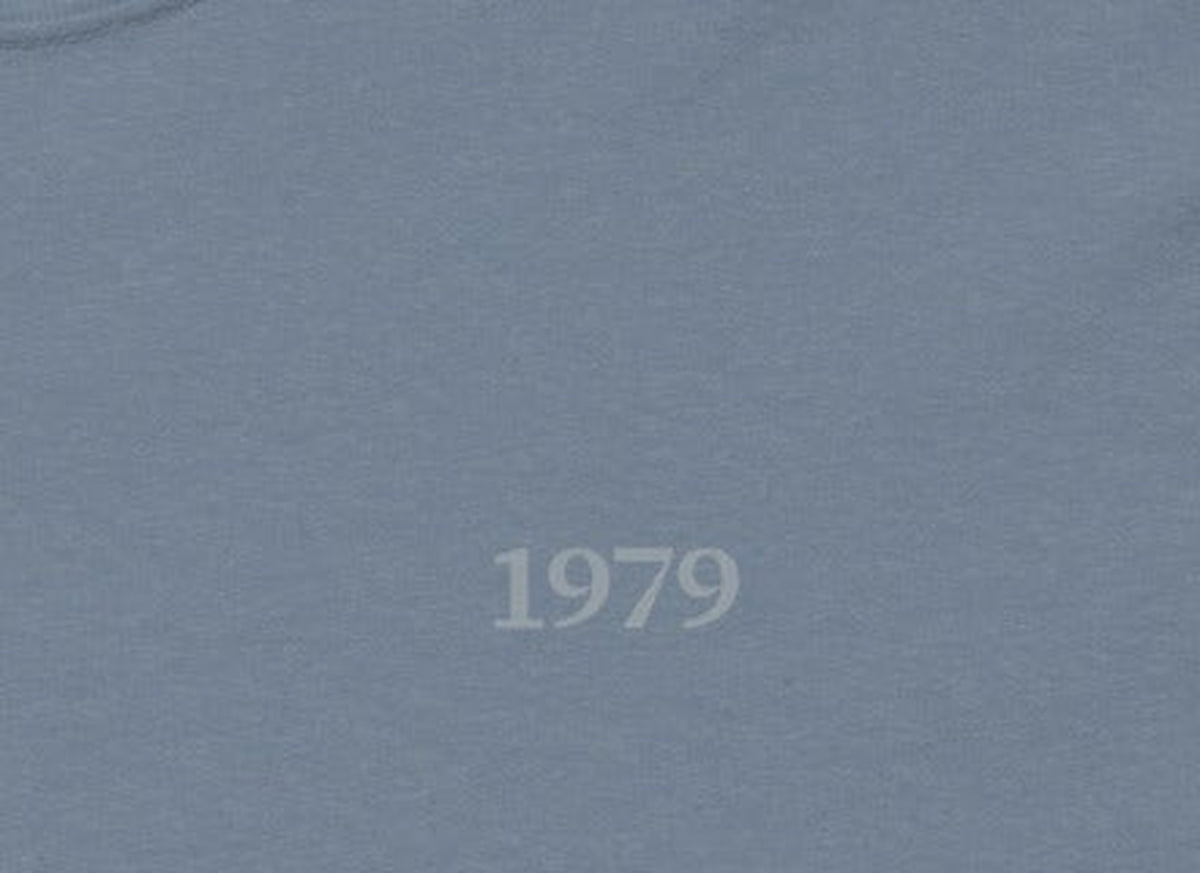 Two to Four Long Sleeve, chest close-up, Lake in February (Blue Jean): 1979 printed small at the left chest.