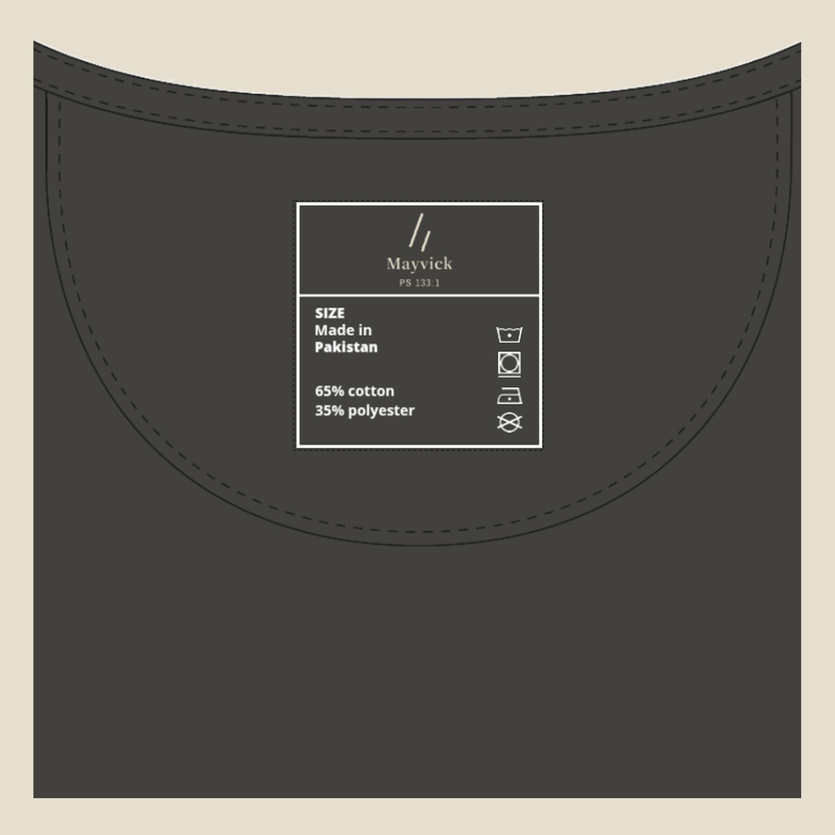 Belmont & Western Hoodie, inside neck, Vintage Black: our label, the double slanted line mark, PS 133:1.