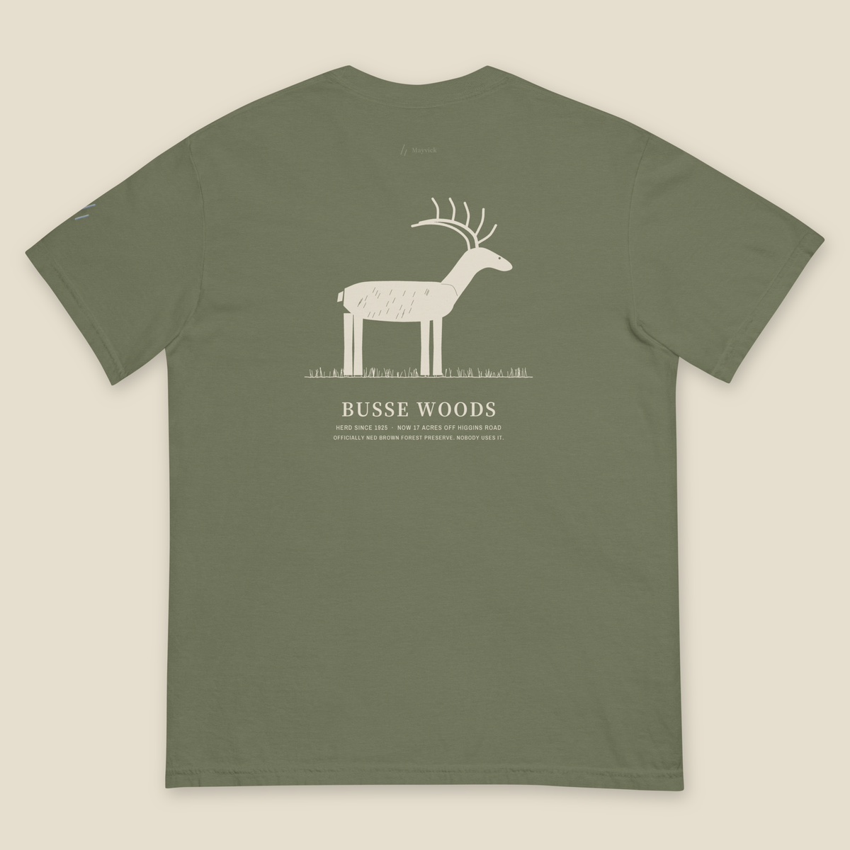 The Elk Tee, back, Moss: one elk in profile on a grass line above BUSSE WOODS.