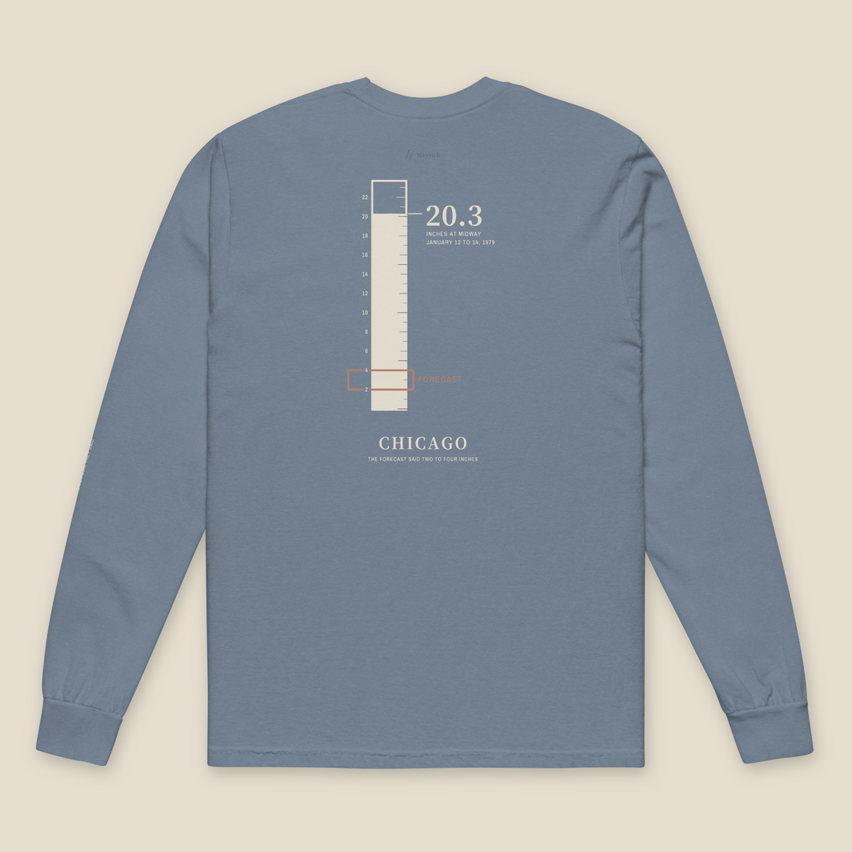 Two to Four Long Sleeve, back, Lake in February (Blue Jean): a snow ruler filled to 20.3 over CHICAGO.