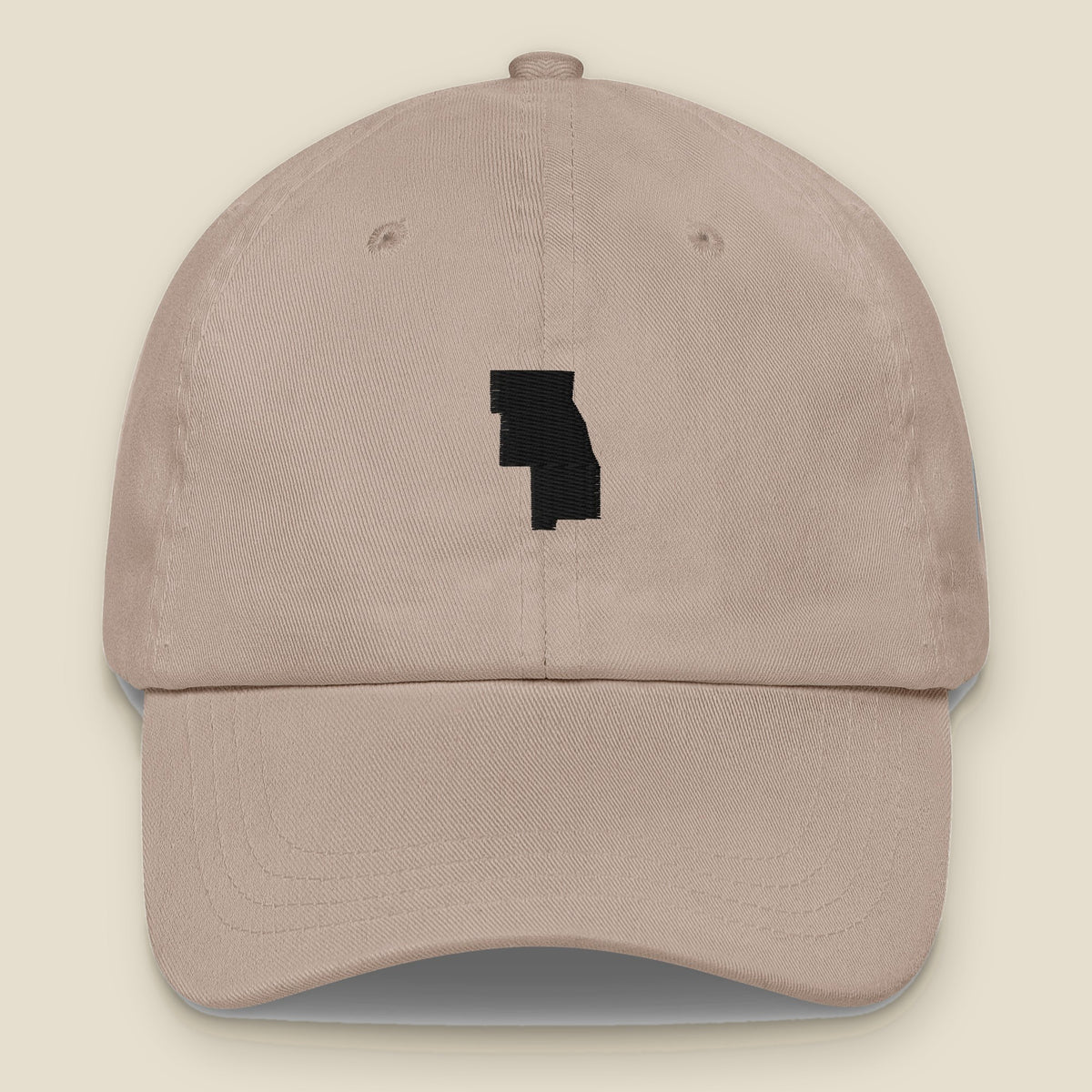 Six County Dad Hat, front, Stone: the six counties stitched in black as one shape.