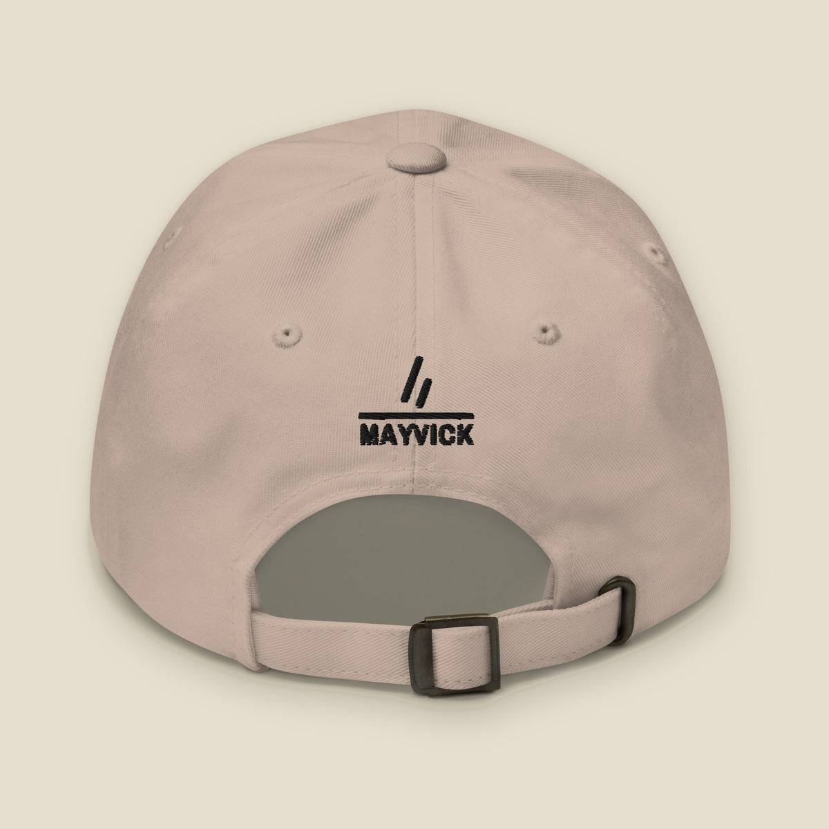 Six County Dad Hat, back, Stone: the mark over MAYVICK stitched in black.