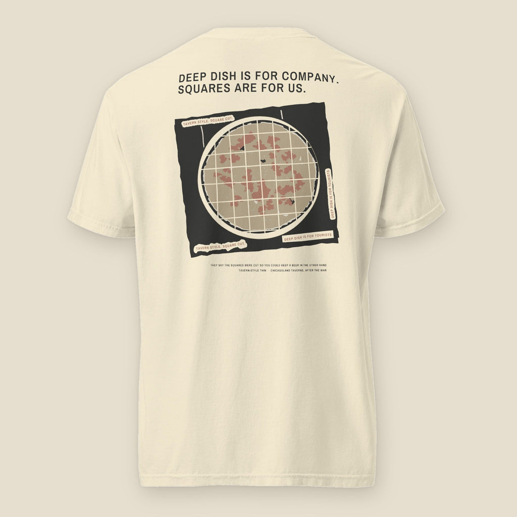 Square Cut Tee, back, Lemont Stone (Ivory): a thin pie cut in squares on deli paper under the headline