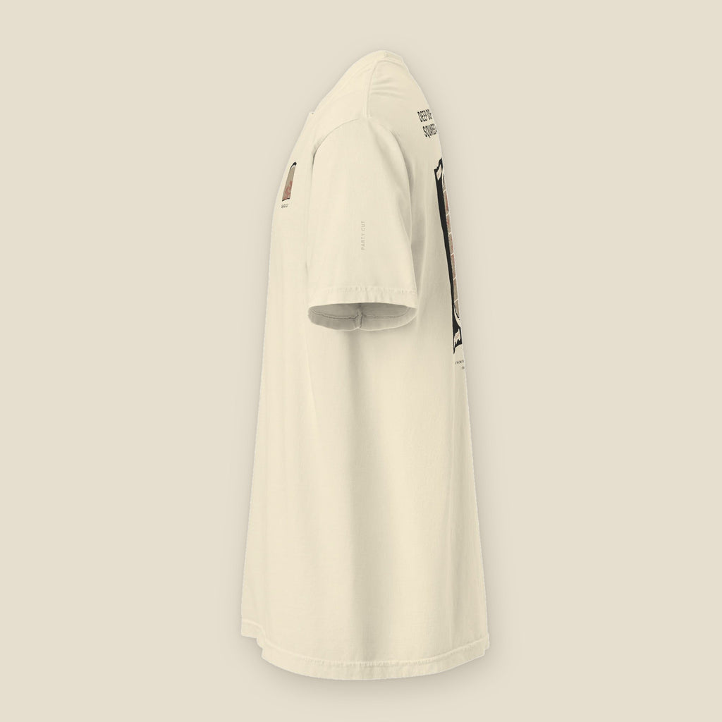 Square Cut Tee, left side, Lemont Stone (Ivory): PARTY CUT tone on tone down the left sleeve