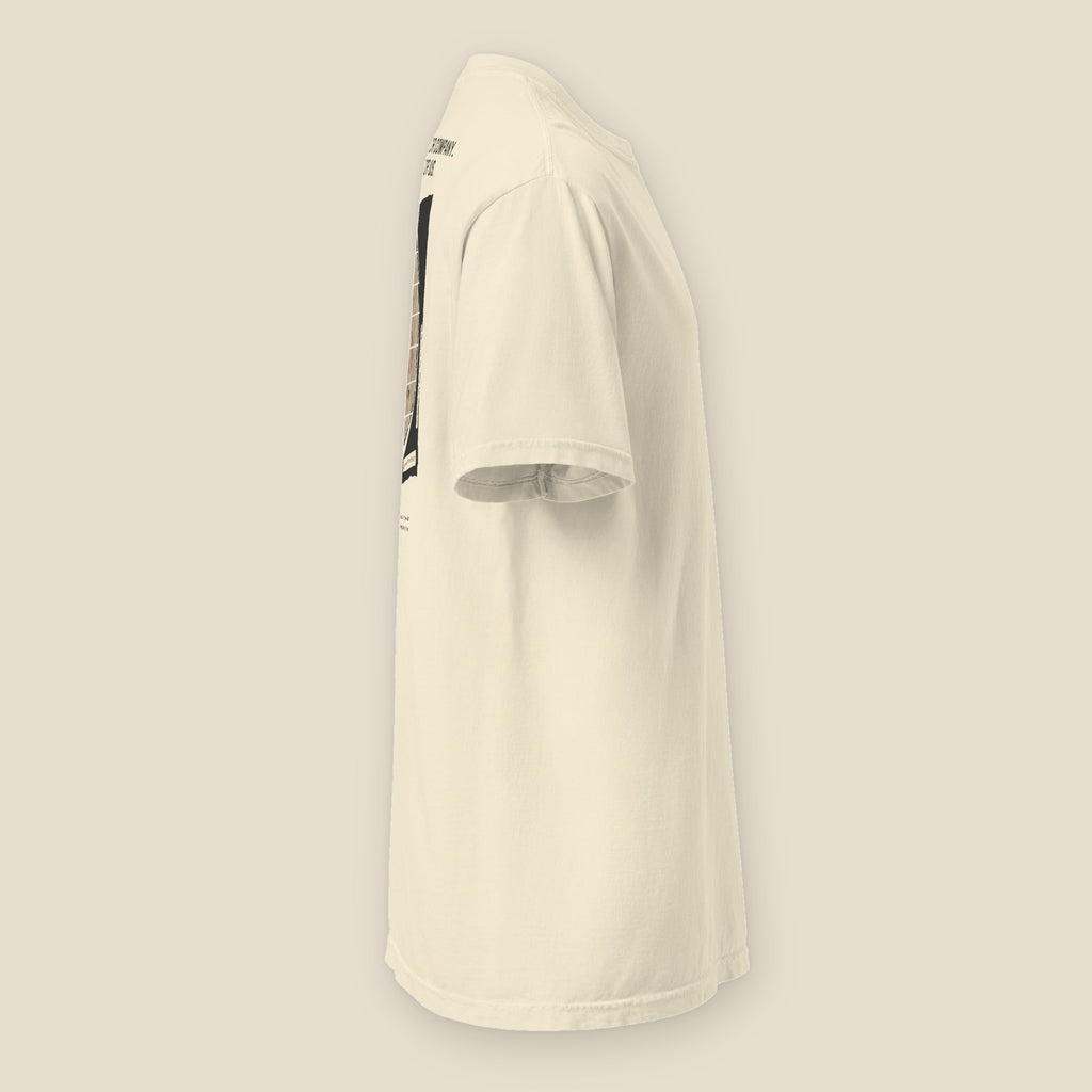 Square Cut Tee, right side, Lemont Stone (Ivory): plain right sleeve, the edge of the back print