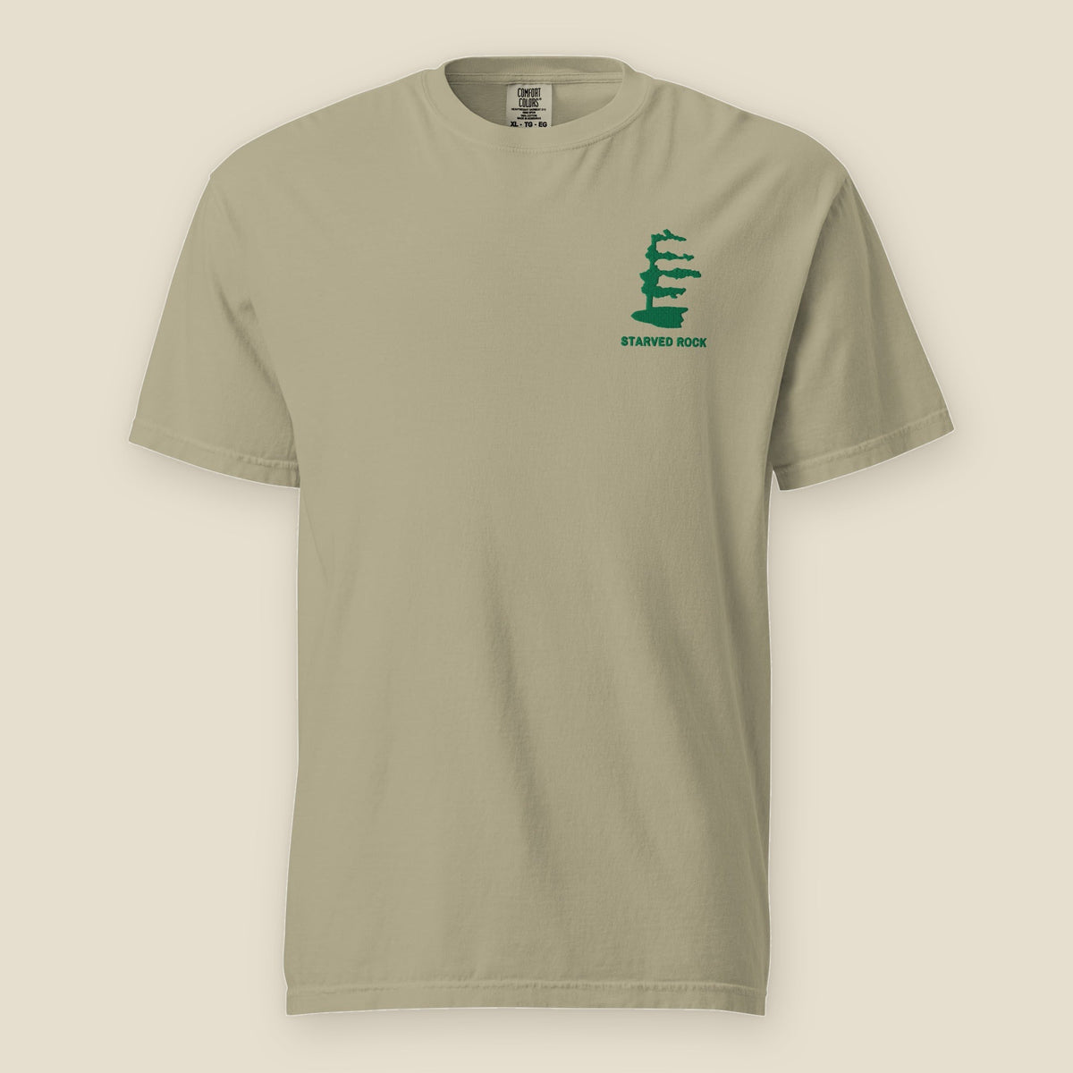 Starved Rock Tee, front, Prairie Path (Khaki): a white pine and STARVED ROCK embroidered at the left chest