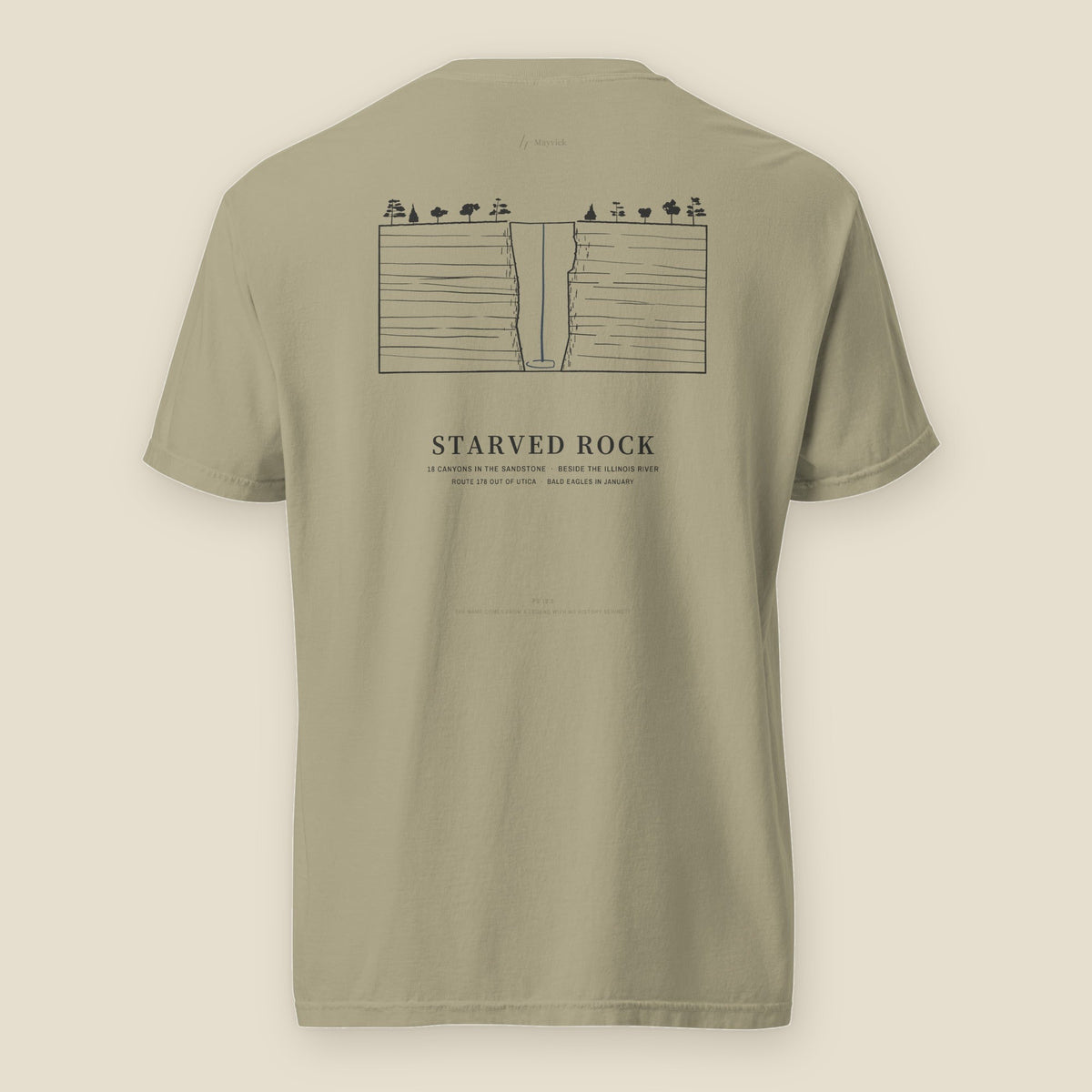 Starved Rock Tee, back, Prairie Path (Khaki): one sandstone canyon, the falls as a single line