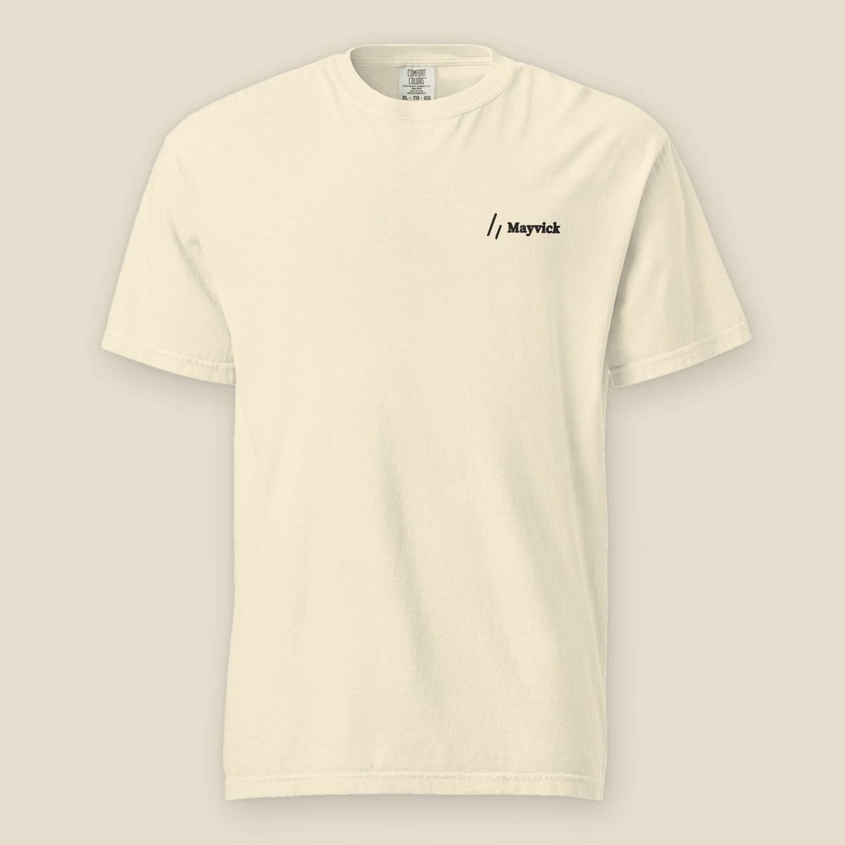 Stitched Tee, Ivory, front: the double slanted line mark and Mayvick stitched in black at the left chest.