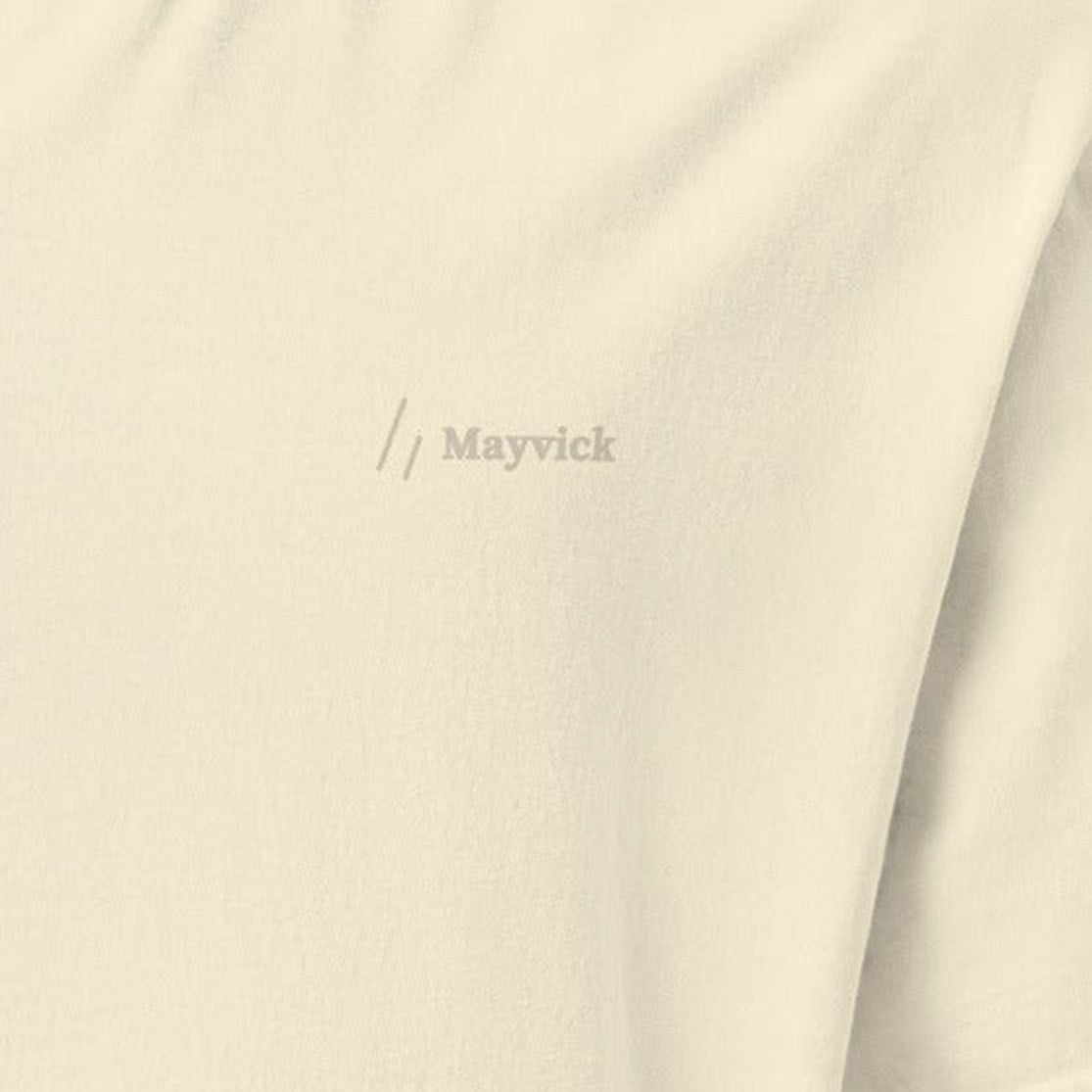 Tee, chest close-up, Ivory: the double slanted line mark and Mayvick printed small, tone on tone.