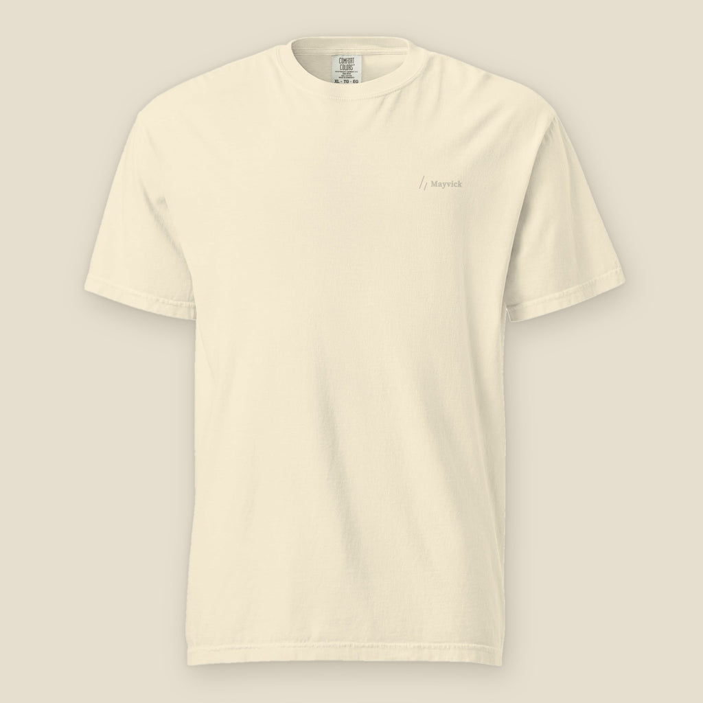 Tee, front, Ivory: the double slanted line mark and Mayvick printed small, tone on tone, at the left chest.