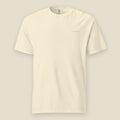 Tee, front, Ivory: the double slanted line mark and Mayvick printed small, tone on tone, at the left chest.