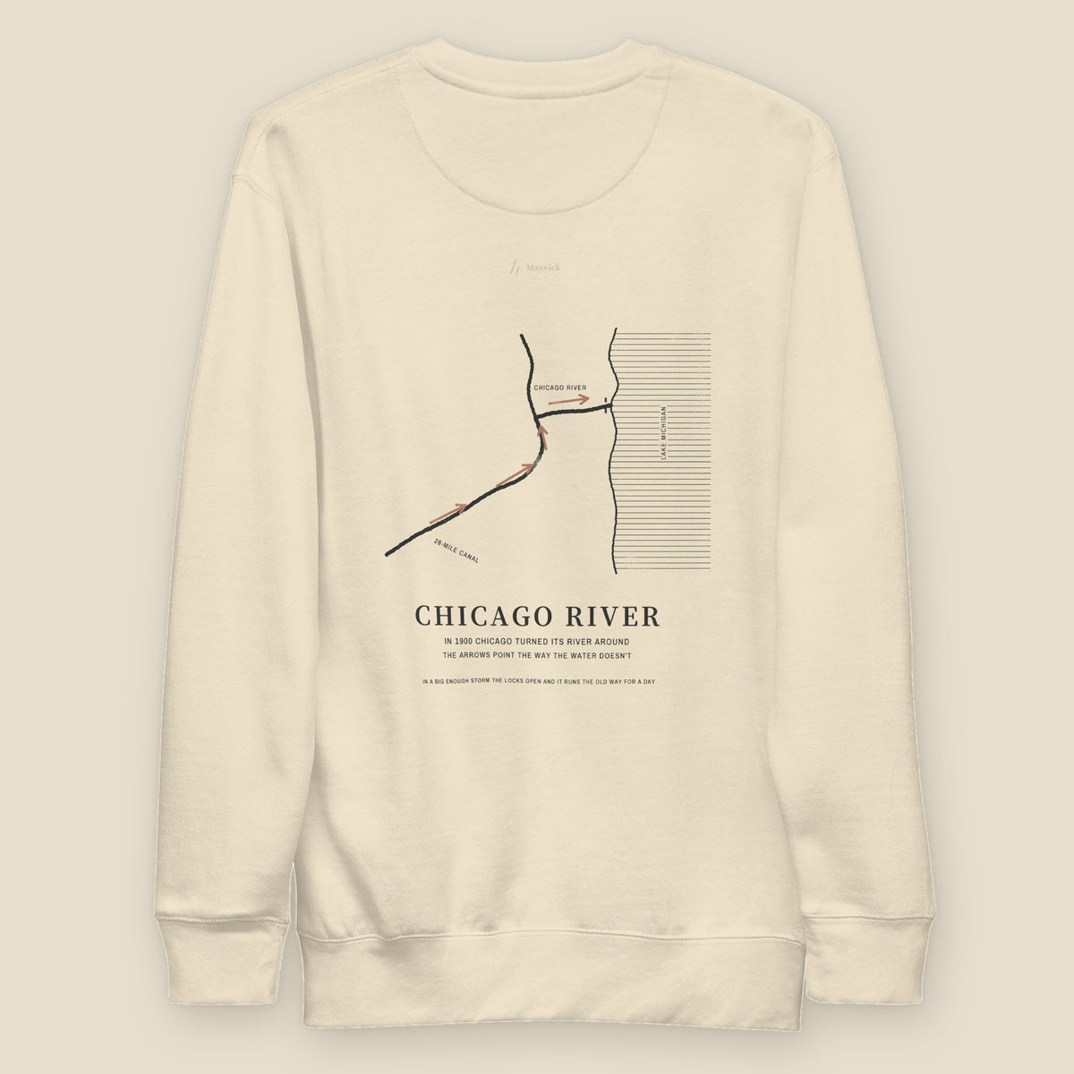 The Reversal Crewneck, back, Lemont Stone (Bone): a plan map of the Chicago River, arrows toward the lake.