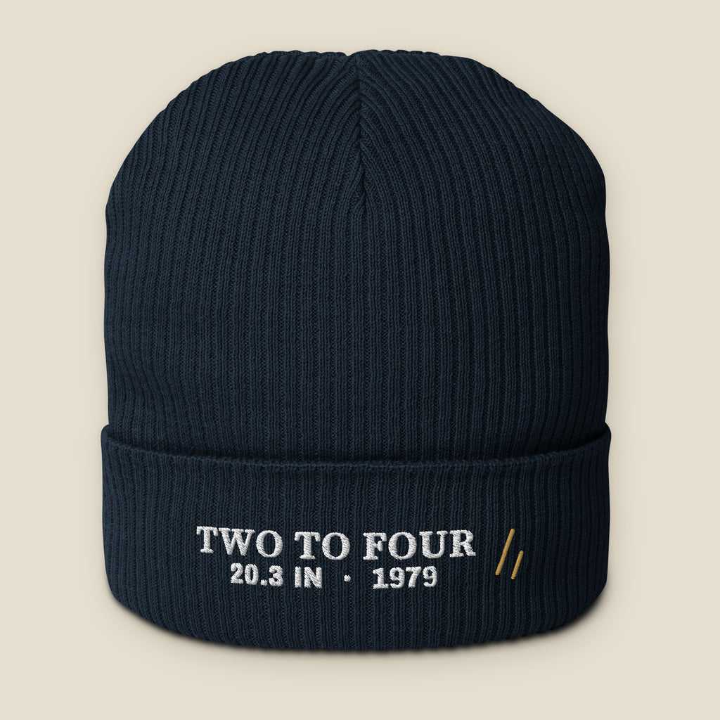 Two to Four Beanie, front, Oxford Navy: TWO TO FOUR over 20.3 IN · 1979 in white, the mark in Old Gold