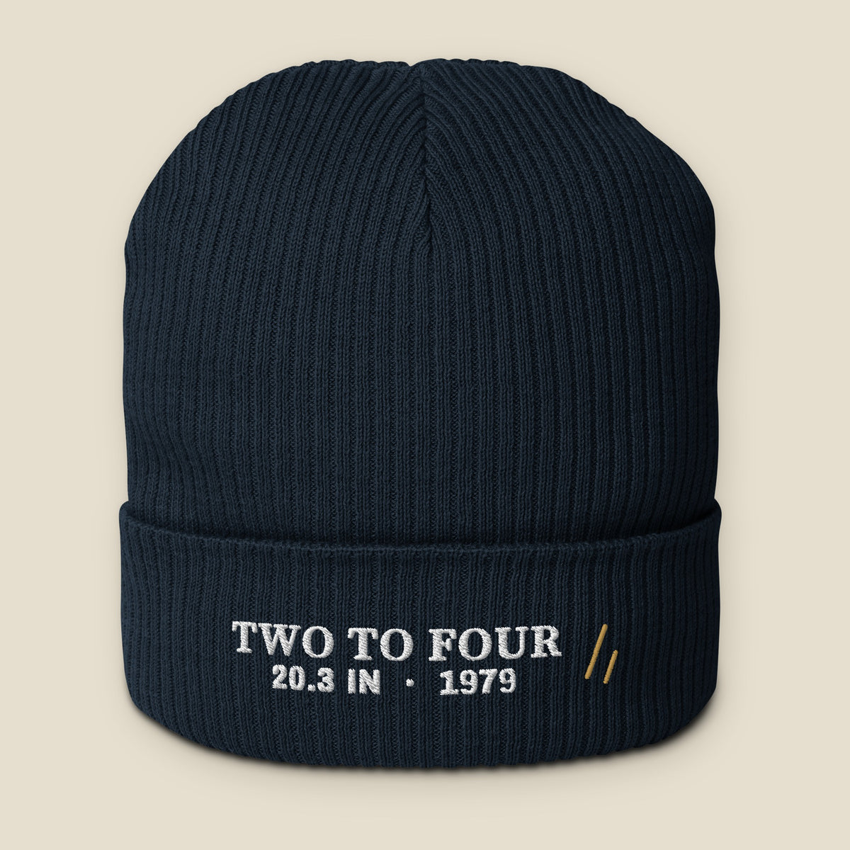 Two to Four Beanie, front, Oxford Navy: TWO TO FOUR over 20.3 IN · 1979 in white, the mark in Old Gold