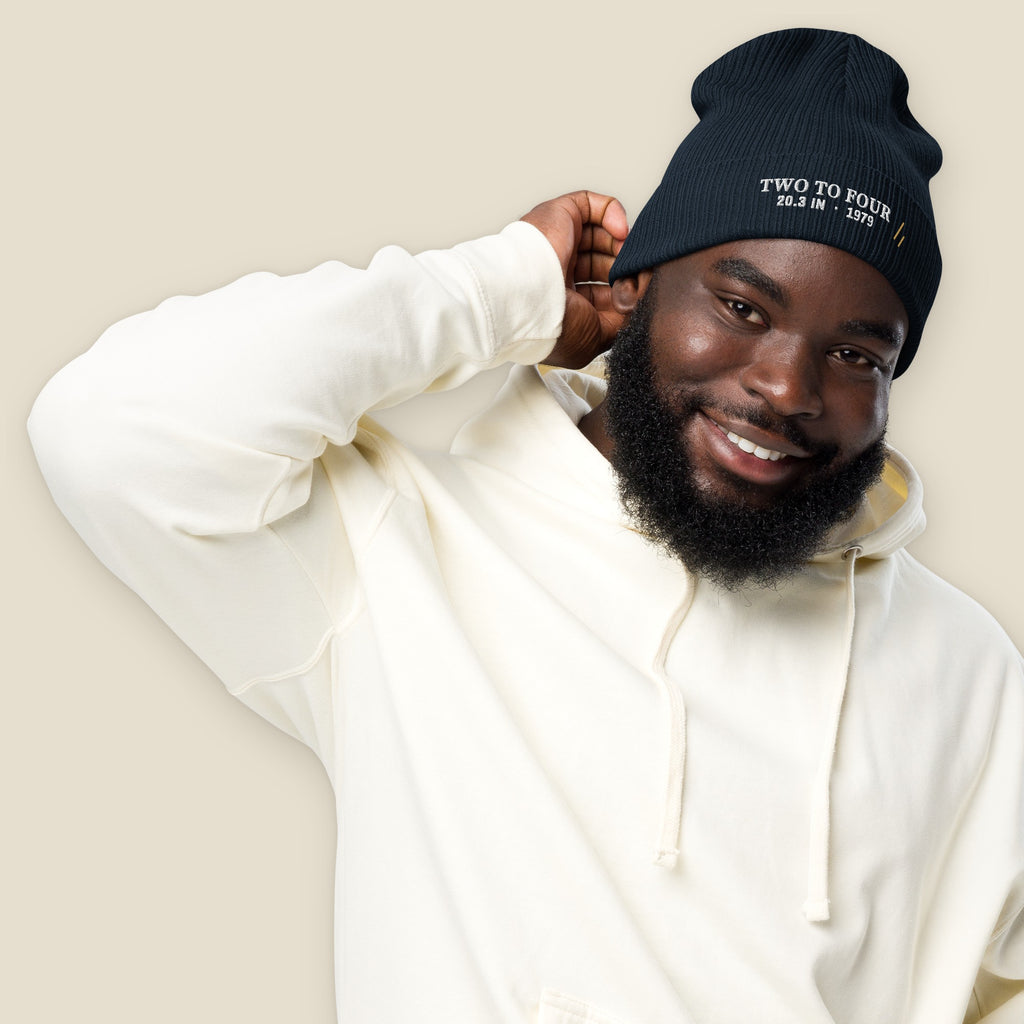 Two to Four Beanie, worn, Oxford Navy: TWO TO FOUR over 20.3 IN · 1979 in white, the Old Gold mark