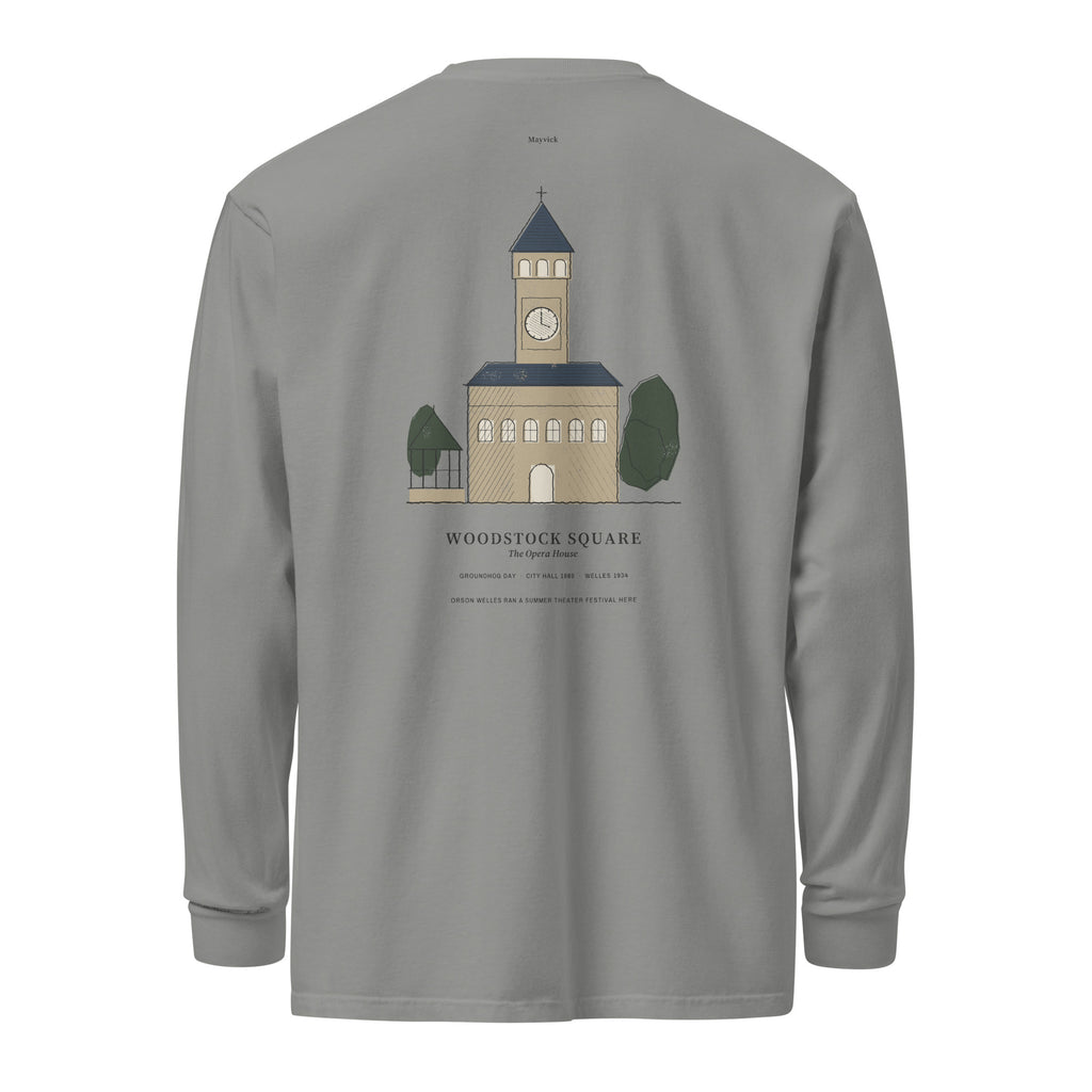 Back: Lake Effect grey long sleeve with the Opera House tower drawn in slate, tan and green