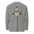 Back: Lake Effect grey long sleeve with the Opera House tower drawn in slate, tan and green
