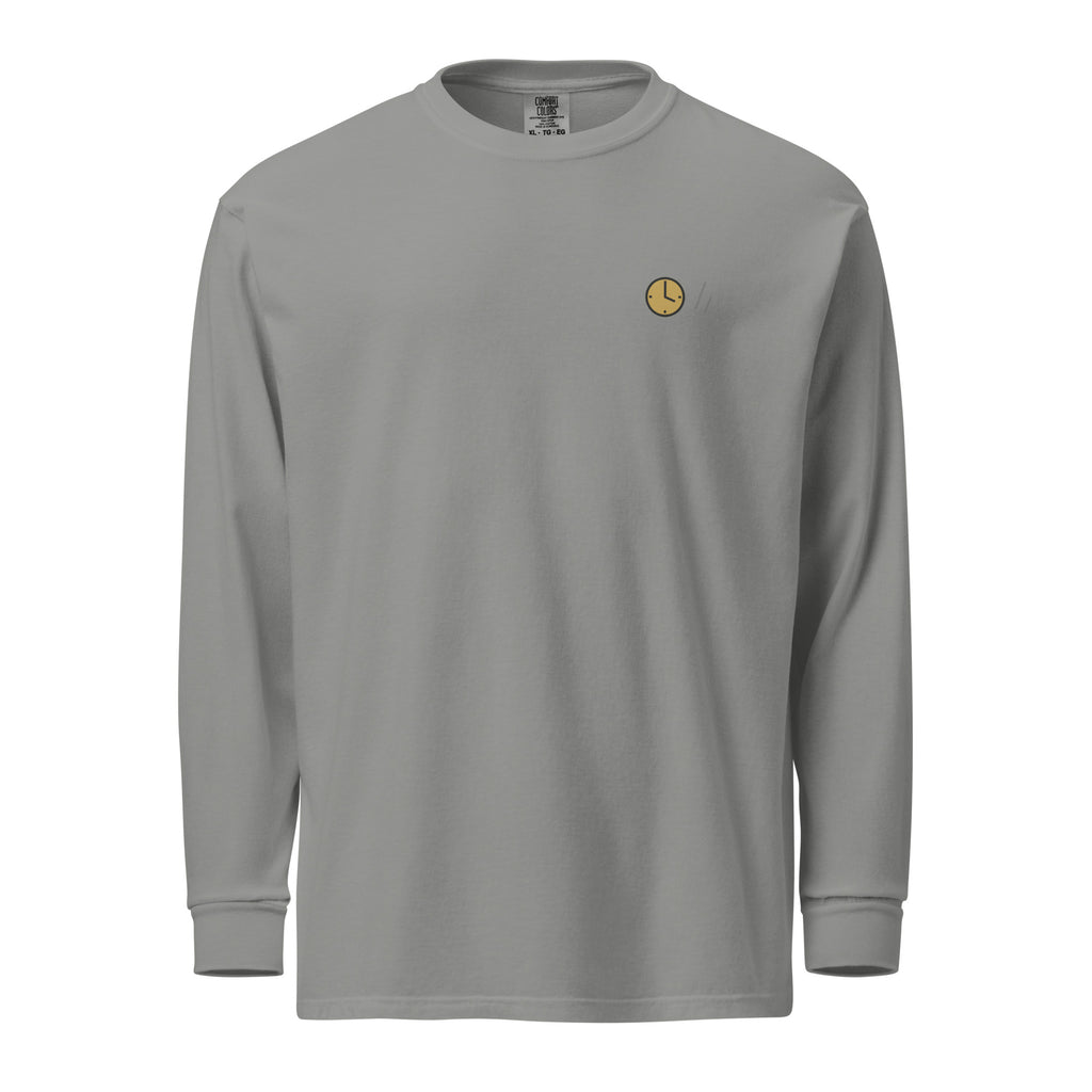 Front: grey long sleeve with a small gold clock and a tone-on-tone two-bar mark at the left chest