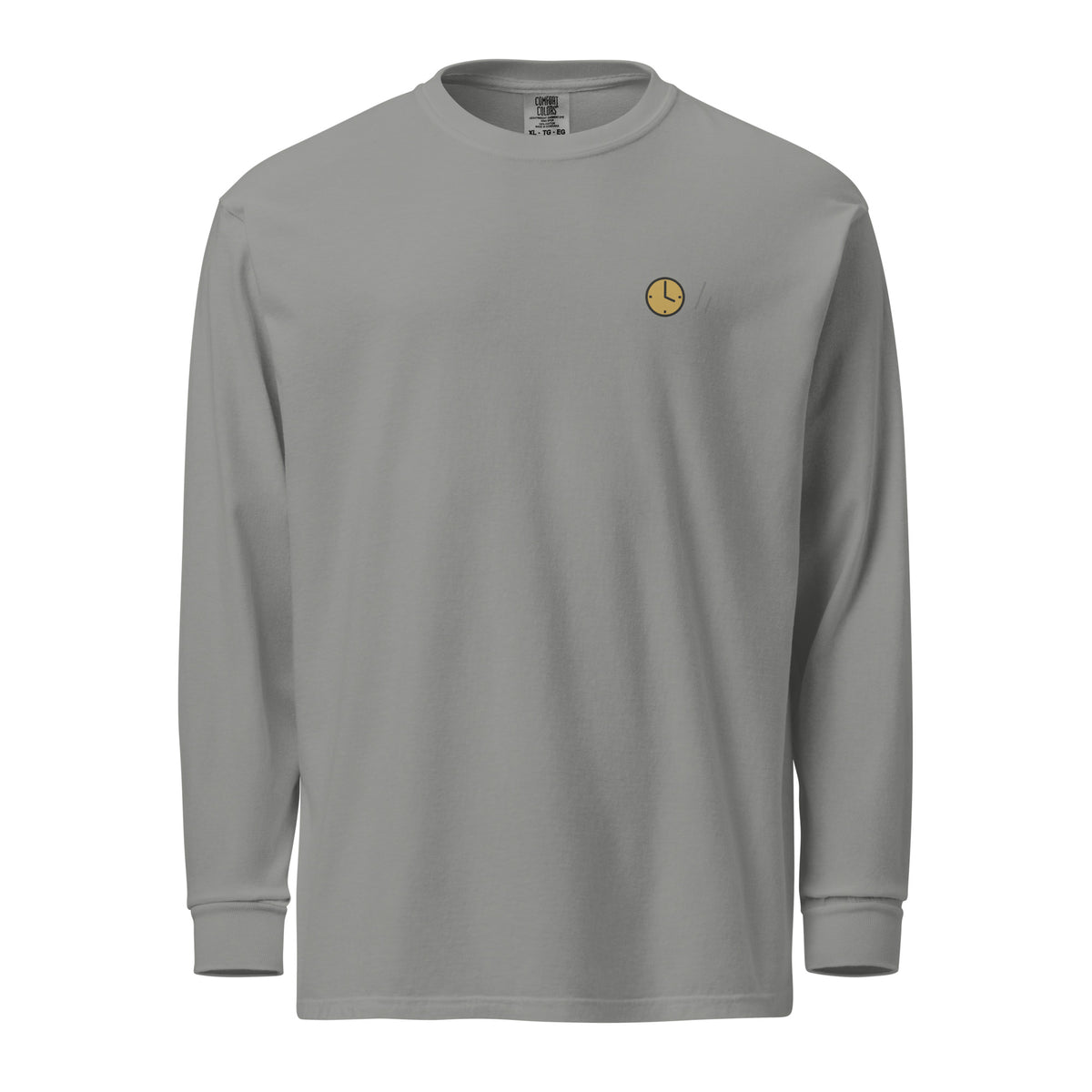 Front: grey long sleeve with a small gold clock and a tone-on-tone two-bar mark at the left chest