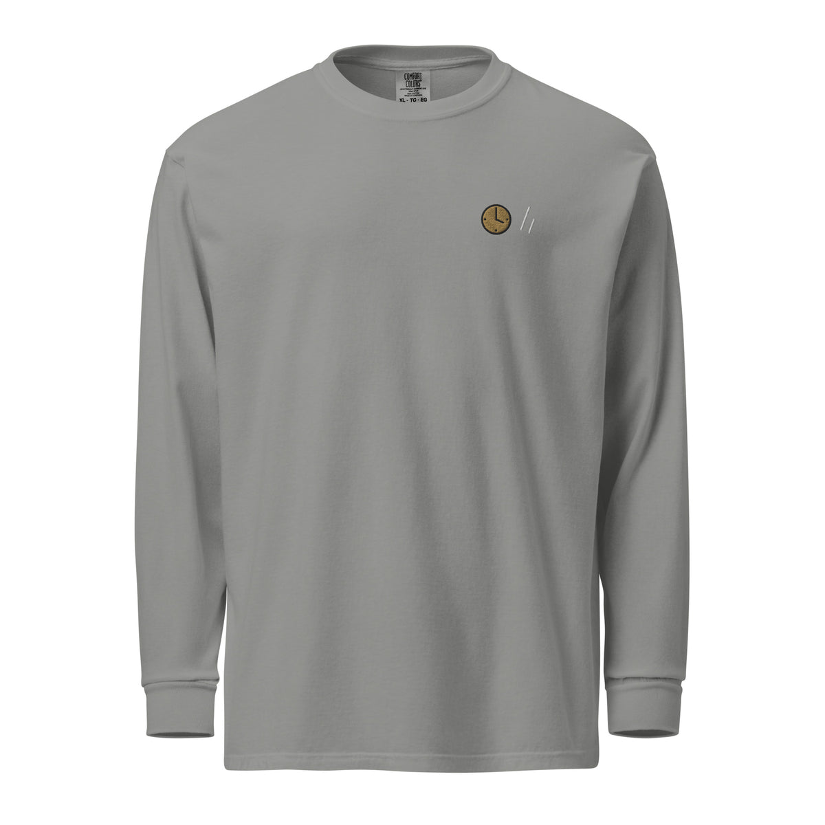 Square long sleeve, Lake Effect (Grey), front: embroidered clock and double slanted line mark at left chest