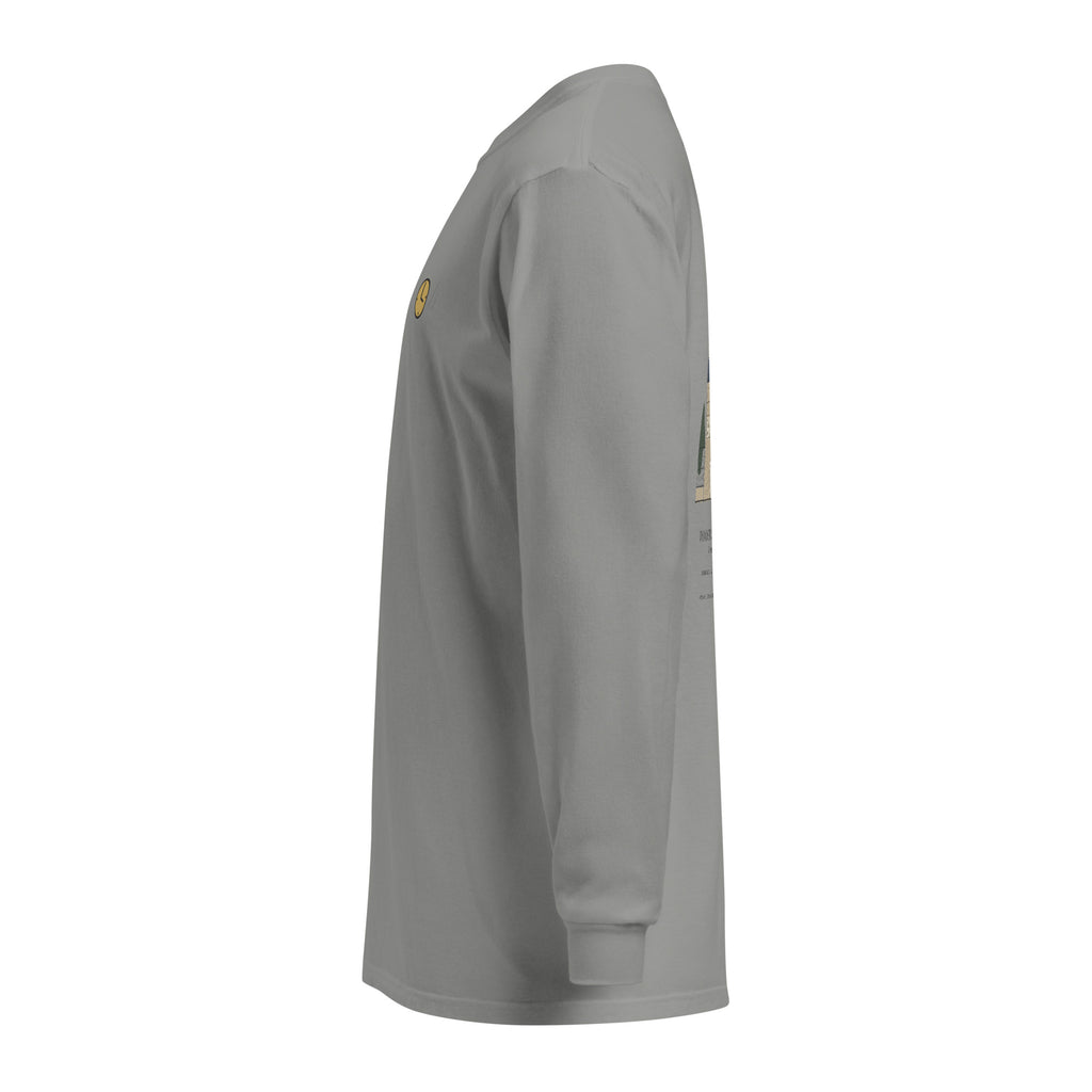 Left side: grey long sleeve with the small gold chest clock and the edge of the back print
