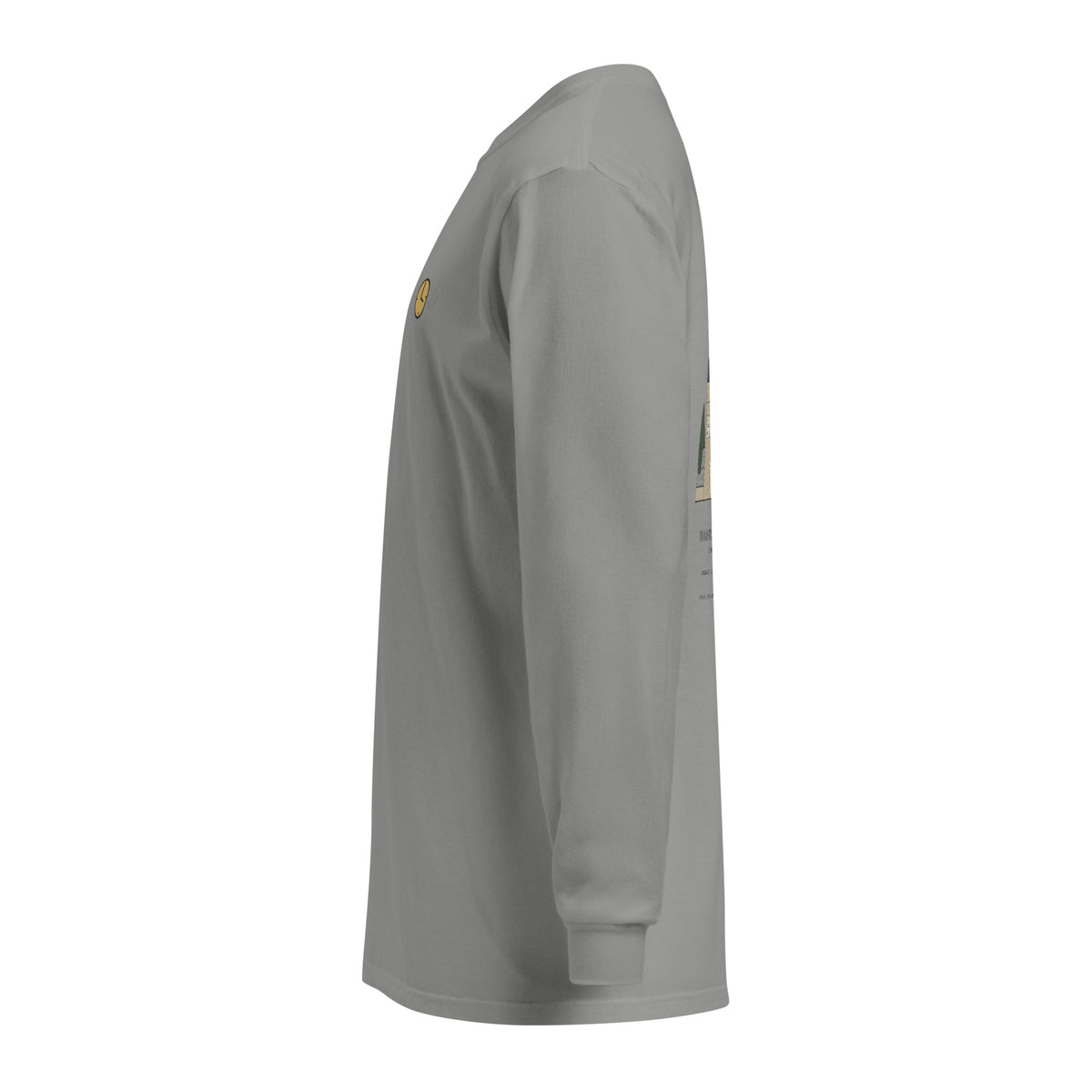 Left side: grey long sleeve with the small gold chest clock and the edge of the back print