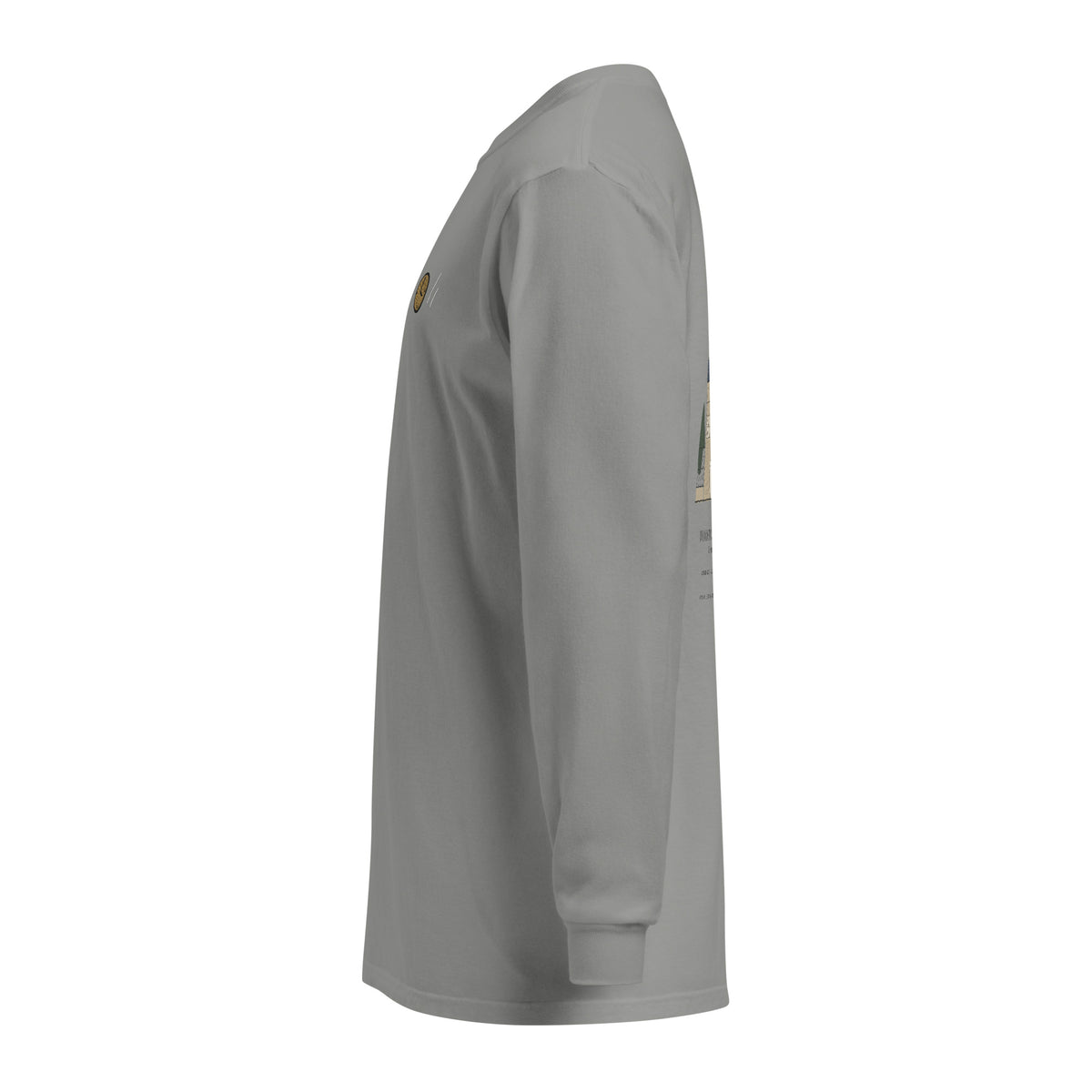 Square long sleeve, Lake Effect (Grey), left side: embroidered chest clock, edge of the back print