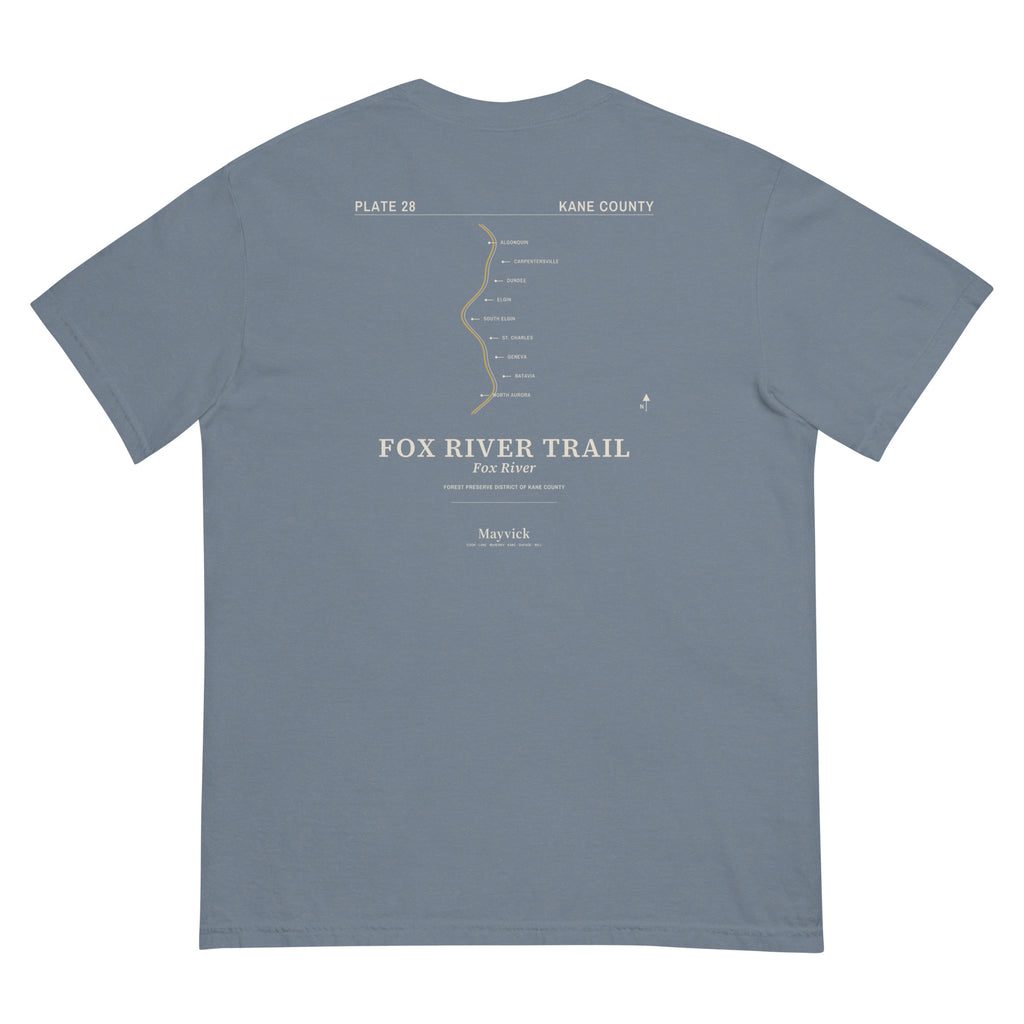 Lake in February (Blue Jean) tee, flat lay, back: river route drawing, FOX RIVER TRAIL caption