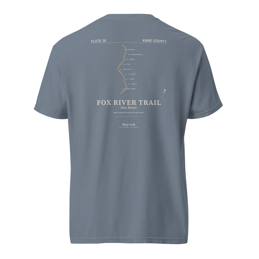 Lake in February (Blue Jean) tee, hanging, back: river route drawing