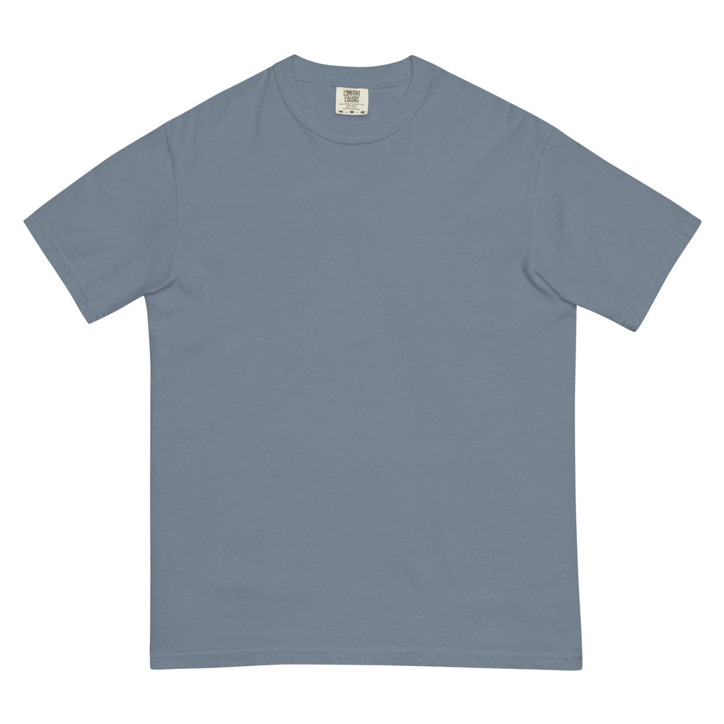 Lake in February (Blue Jean) tee, flat lay, front: plain, tag