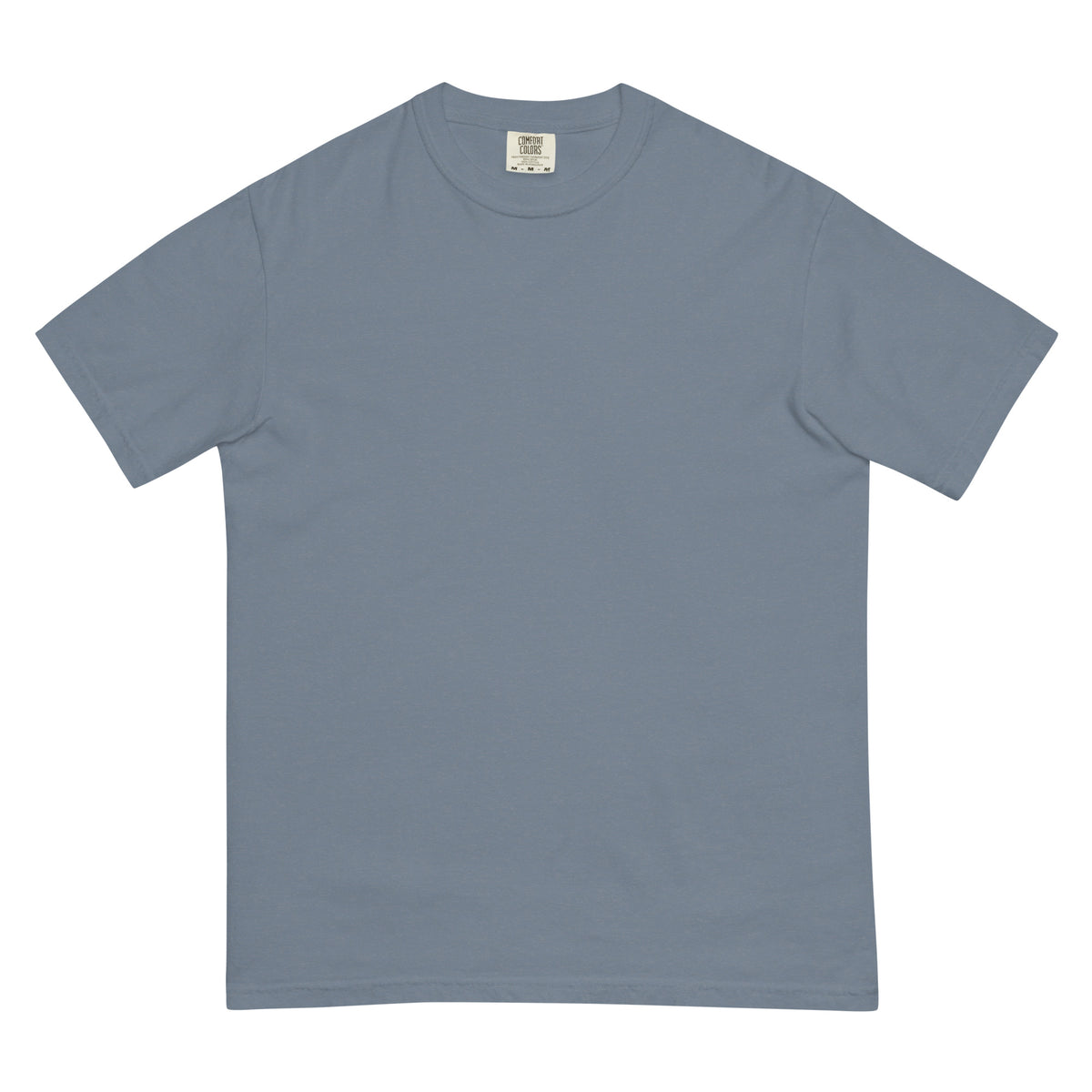 Lake in February (Blue Jean) tee, flat lay, front: plain, tag