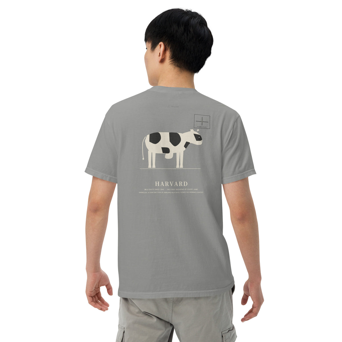 Harvard Tee, back on a model, Grey: the Holstein with the McHenry County inset above HARVARD.