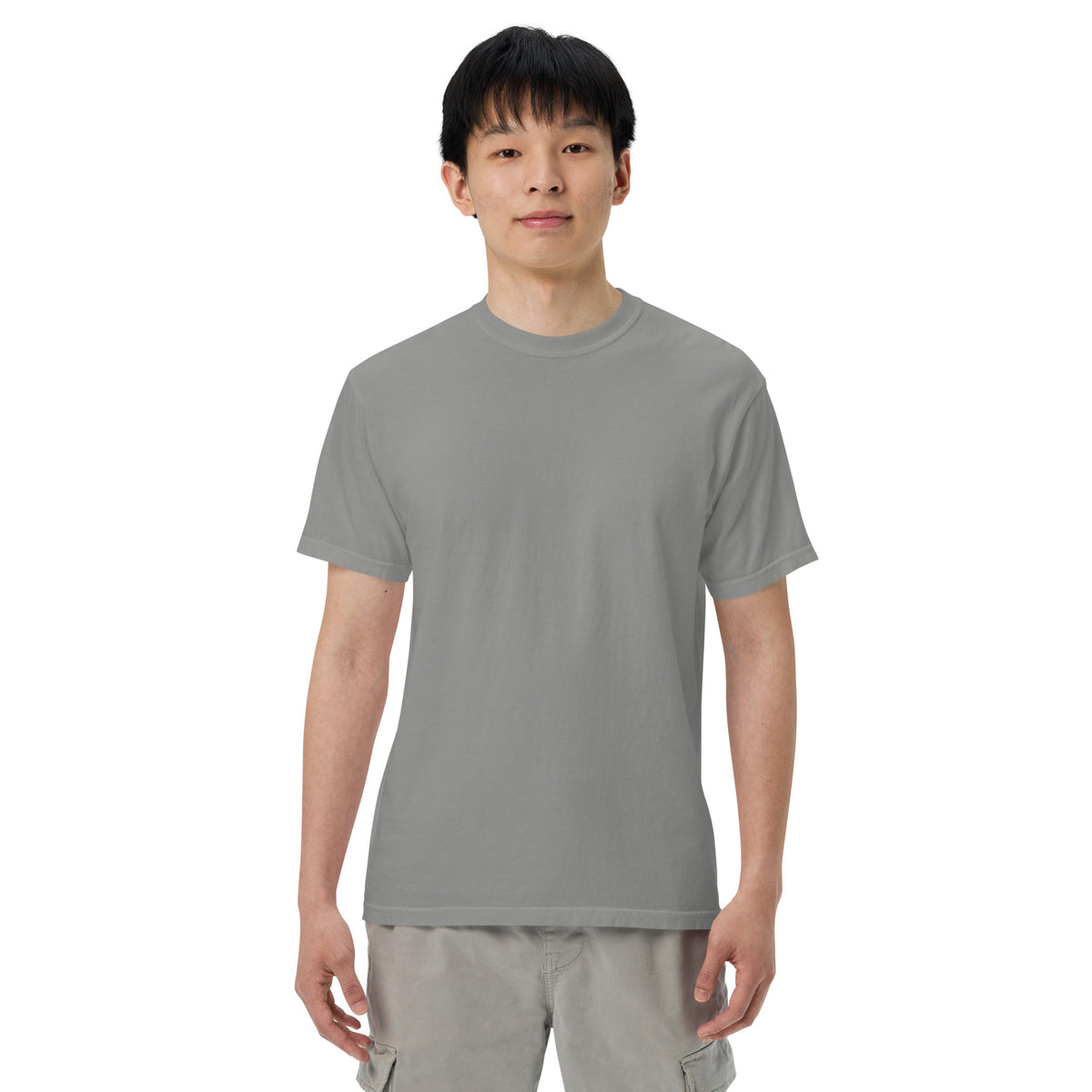 Harvard Tee, front on a model, Grey: plain front.