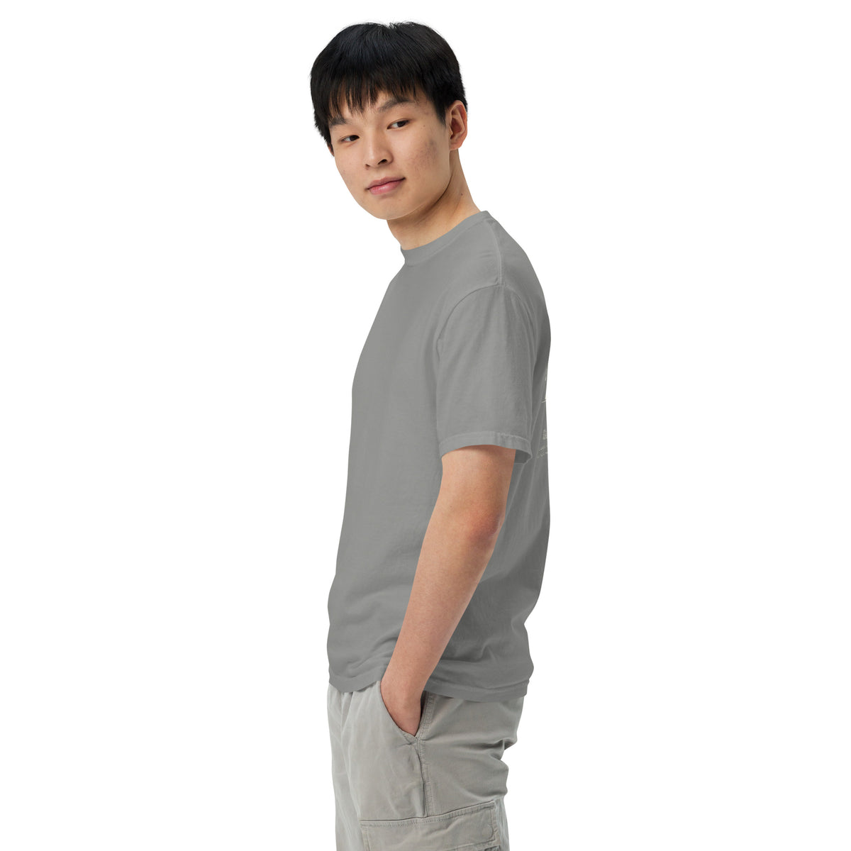 Harvard Tee, left side on a model, Grey: plain sleeve.