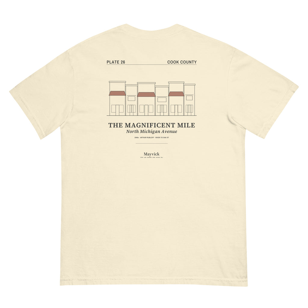 Lemont Stone (Ivory) tee, flat lay, back: storefront block drawing, THE MAGNIFICENT MILE