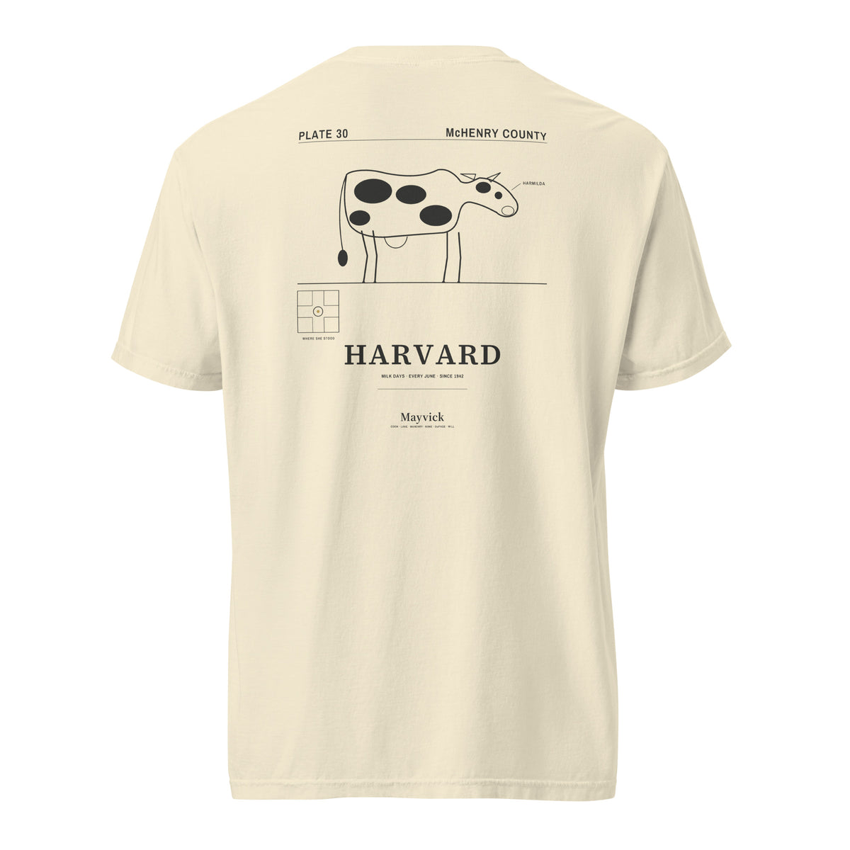 Lemont Stone (Ivory) tee, back: Holstein cow drawing, HARVARD caption