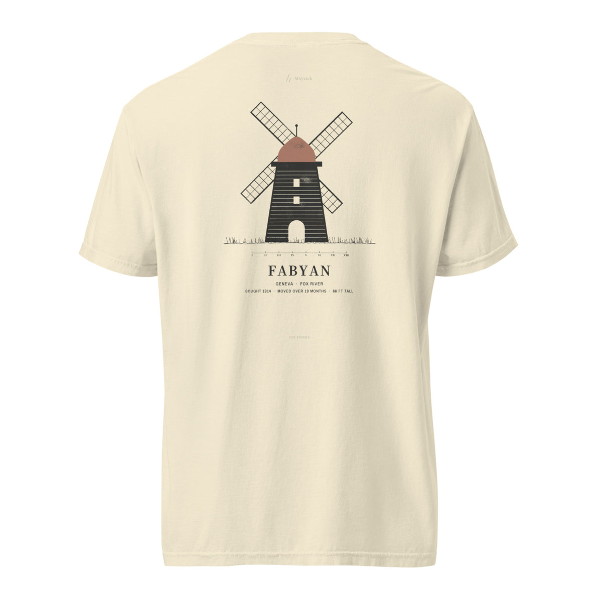 Fabyan Tee, back, Lemont Stone (Ivory): a windmill with X sails above FABYAN; the two-bar mark at the yoke.