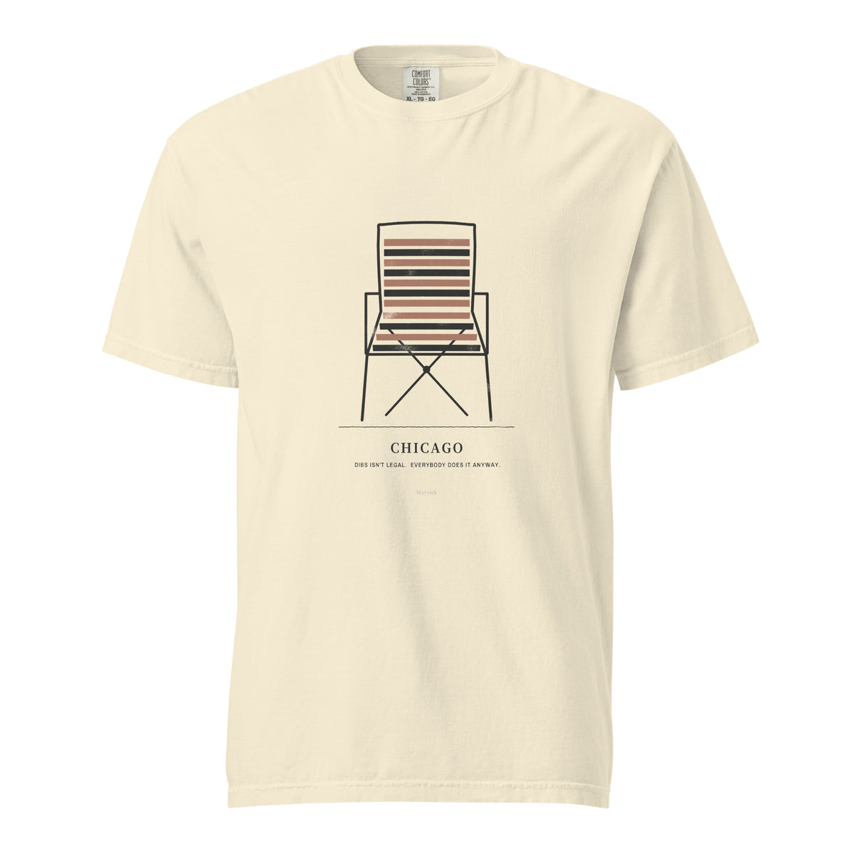 January Tee, front, Lemont Stone (Ivory): a folding lawn chair with striped webbing above CHICAGO.