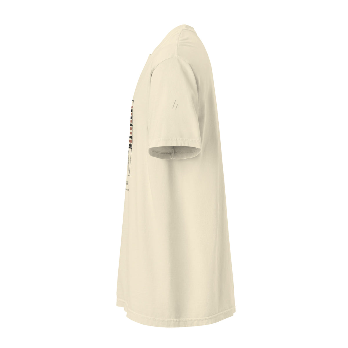 January Tee, sleeve, Lemont Stone (Ivory): the two-bar mark printed tone on tone on the left sleeve.