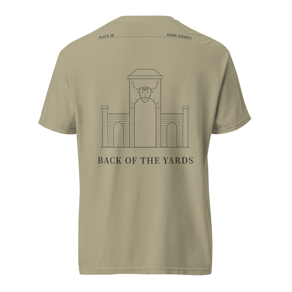 Prairie Path (Khaki) tee, back: stockyards gate drawing, BACK OF THE YARDS caption