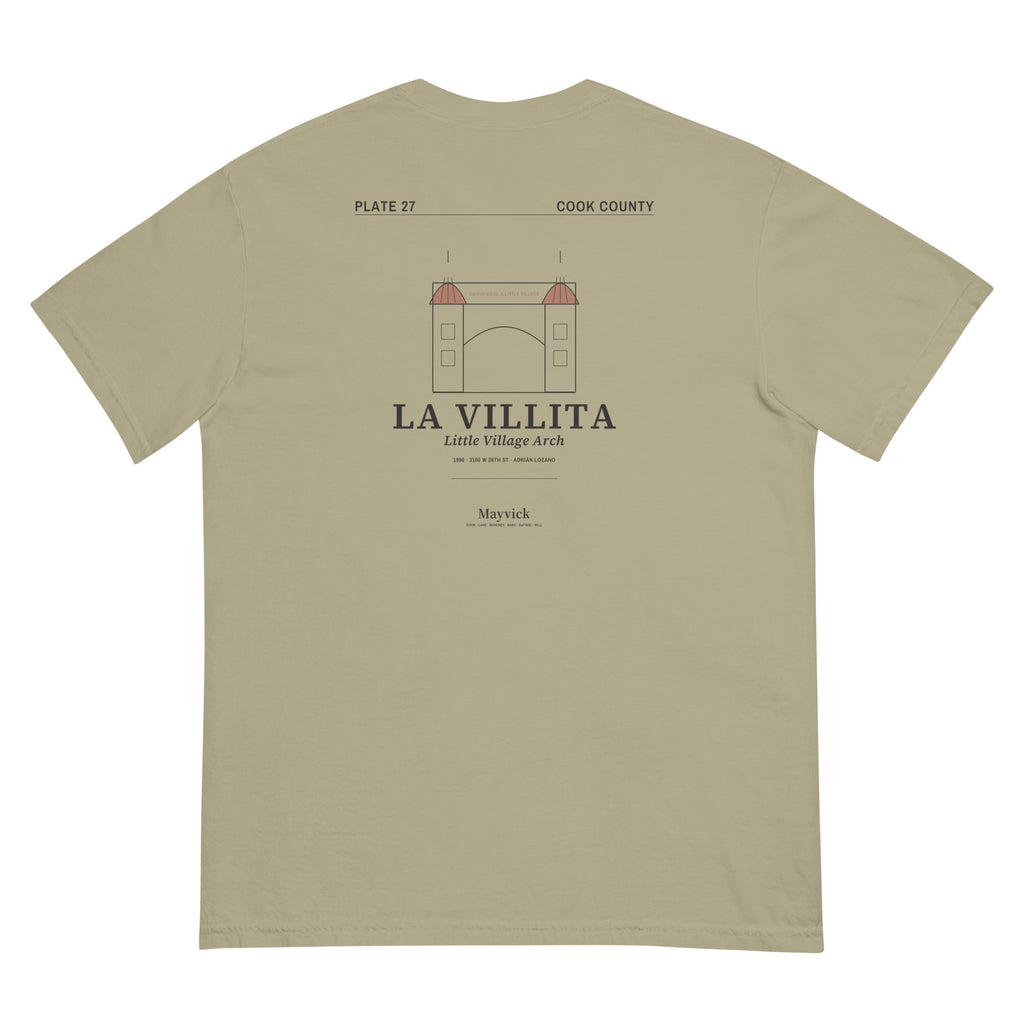 Prairie Path (Khaki) tee, flat lay, back: Little Village arch drawing, LA VILLITA caption