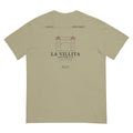 Prairie Path (Khaki) tee, flat lay, back: Little Village arch drawing, LA VILLITA caption