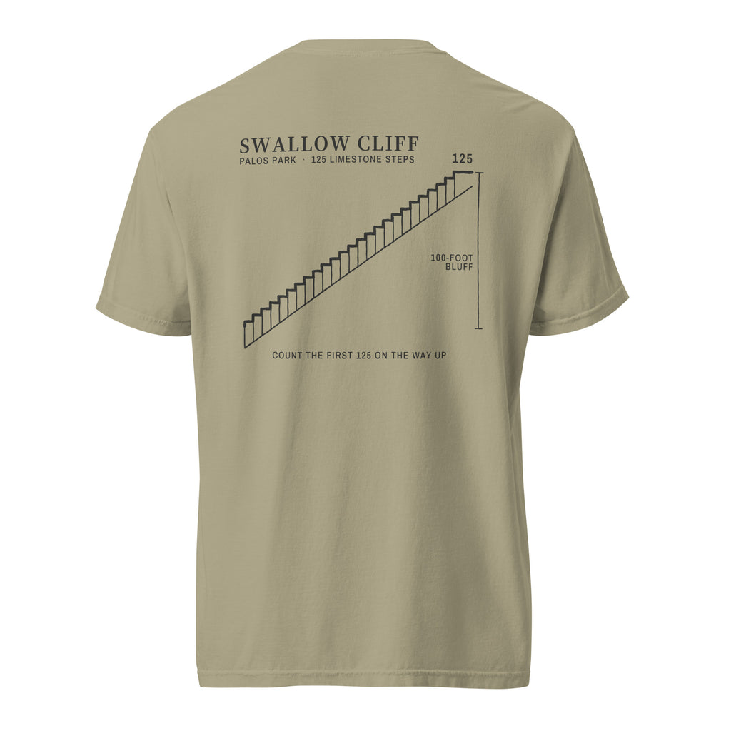 Back view: hand-drawn Swallow Cliff staircase print, 125 limestone steps, with a 100-foot bluff marker, on a Khaki heavyweight tee