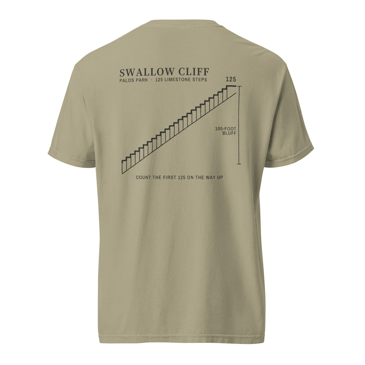 Back view: hand-drawn Swallow Cliff staircase print, 125 limestone steps, with a 100-foot bluff marker, on a Khaki heavyweight tee
