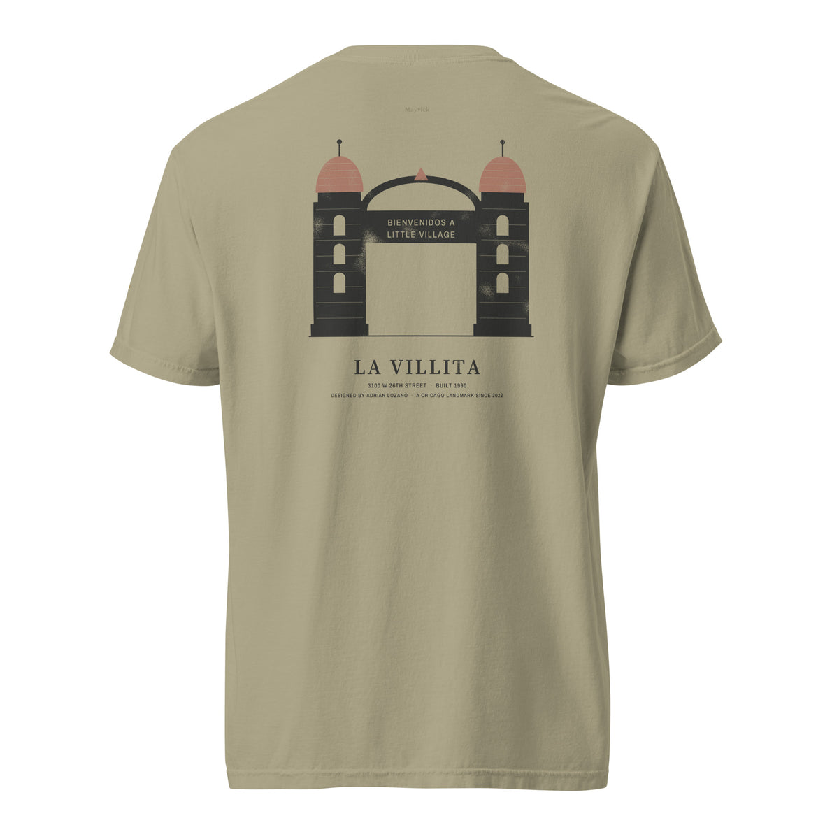 La Villita Tee, back, Prairie Path (Khaki): the Little Village arch, twin towers and tiled domes.