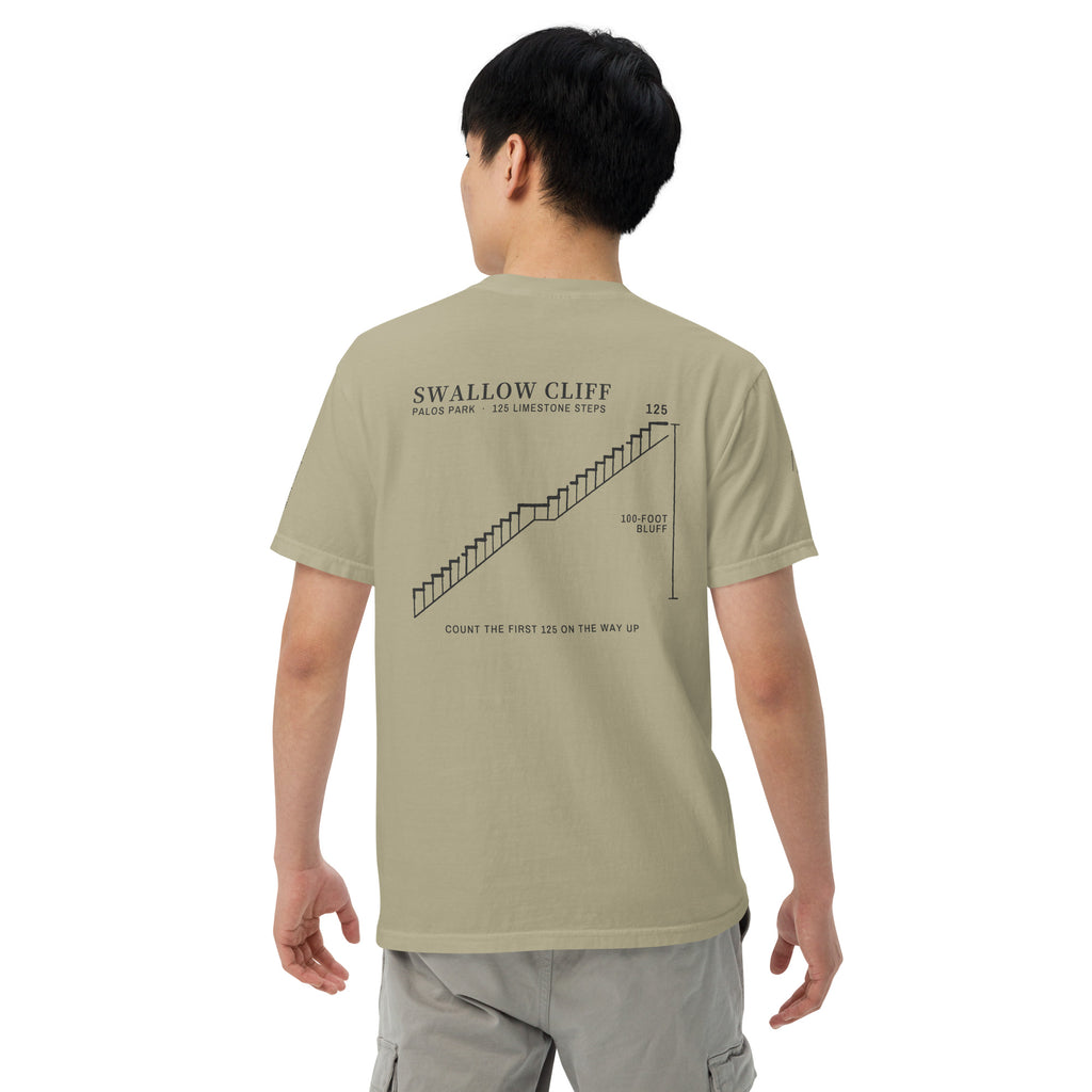 125 Steps Tee, back on a model, Prairie Path (Khaki): the Swallow Cliff staircase climbing a 100-foot bluff.