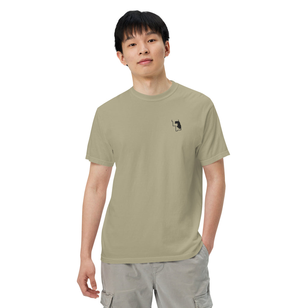 Prairie Path (Khaki) heavyweight tee, on model, front, hand in pocket